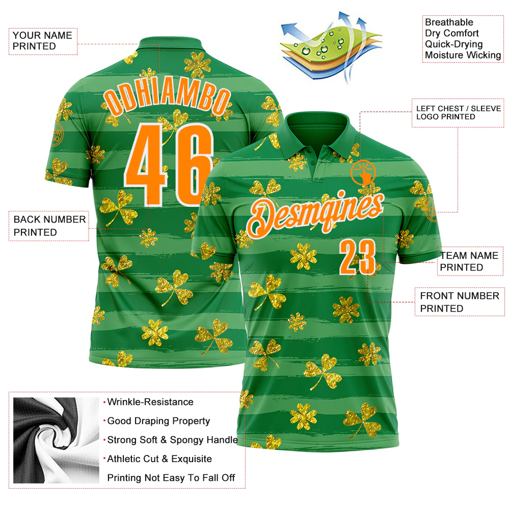 Custom Kelly Green Bay Orange-White 3D St. Patrick's Day Shamrock Performance Polo Shirt - Image 3