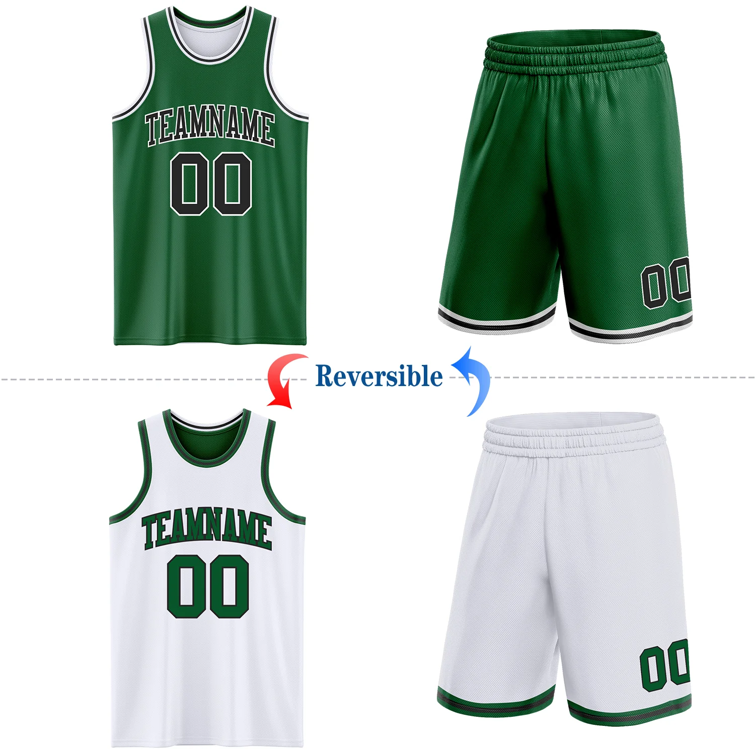 Custom Reversible Kelly Green Black-White Double Side Sublimation Basketball Suit Jersey - Image 2