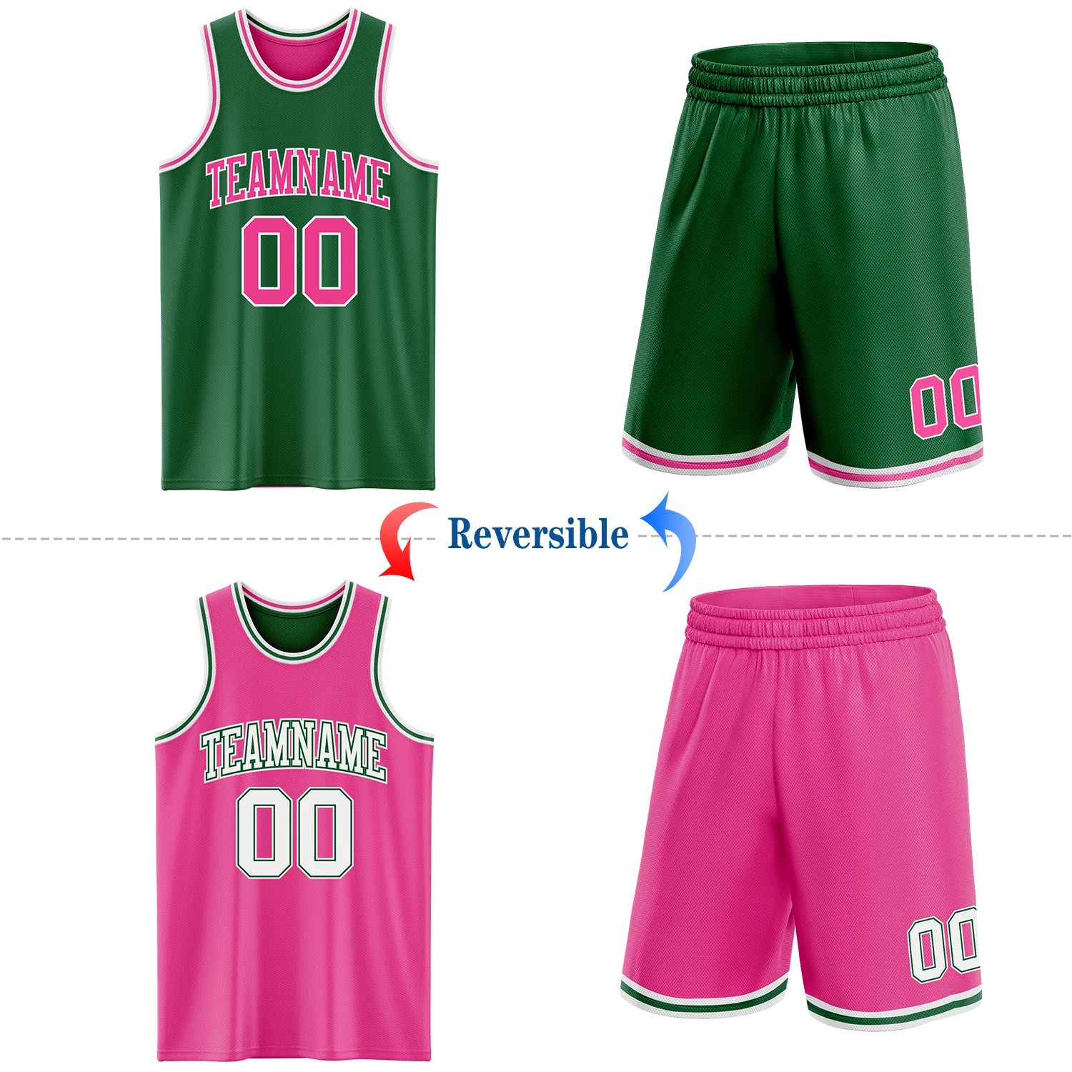 Custom Reversible Kelly Green Pink-White Double Side Sublimation Basketball Suit Jersey - Image 2