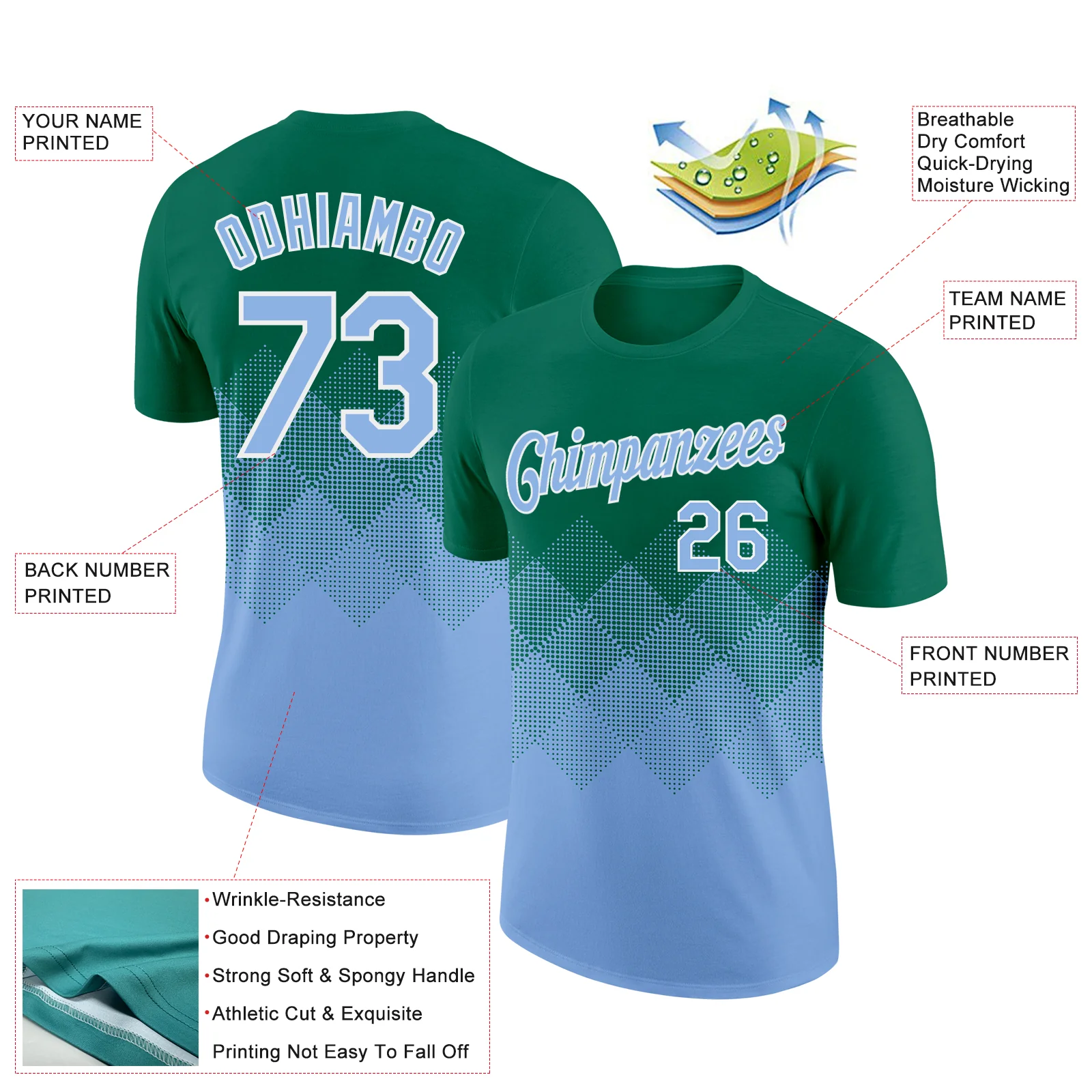 Custom Kelly Green Light Blue-White 3D Pattern Design Gradient Square Shapes Performance T-Shirt - Image 2