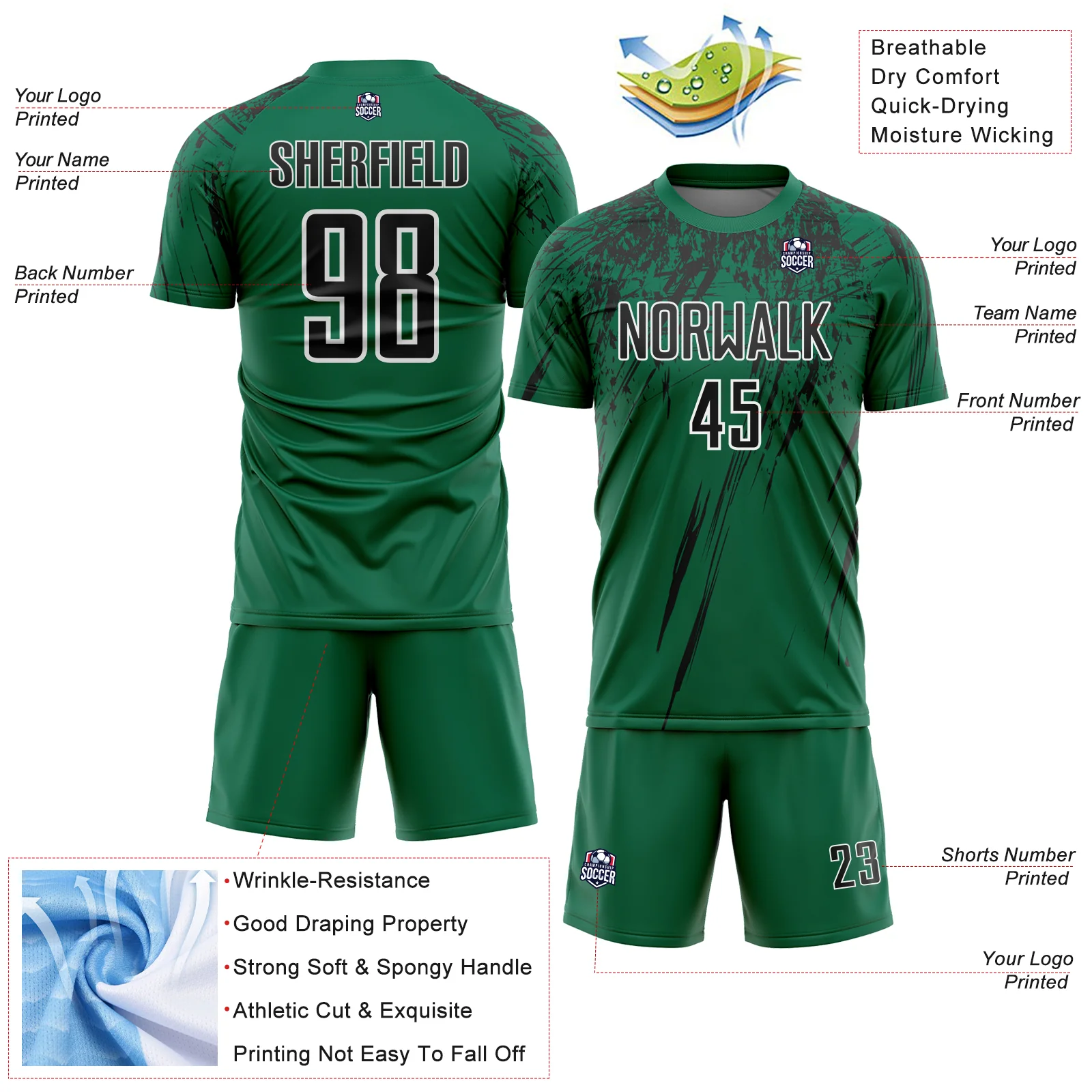 Custom Kelly Green Black-White Splash Sports Sublimation Soccer Uniform Jersey - Image 4