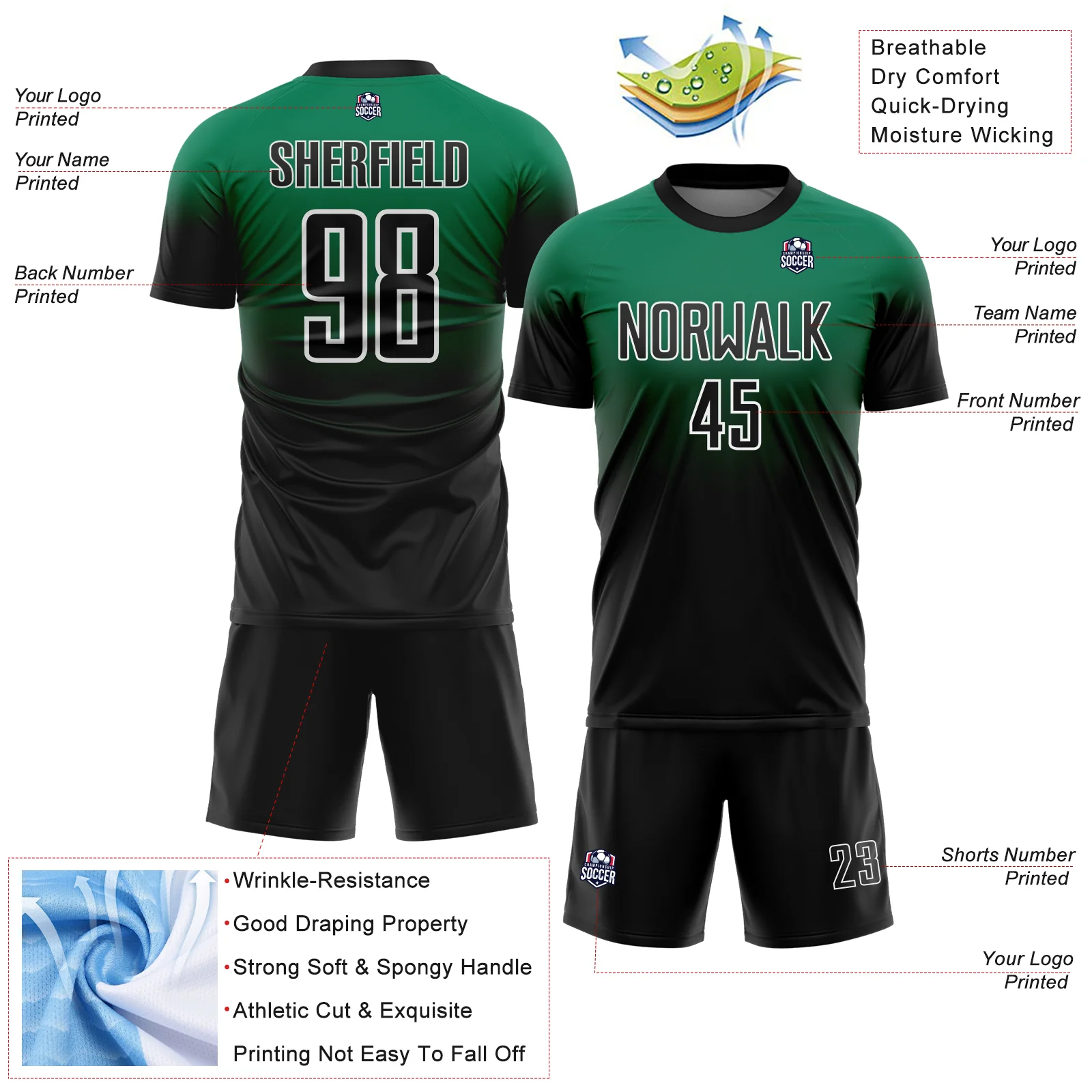 Custom Kelly Green Black-White Fade Fashion Sublimation Soccer Uniform Jersey - Image 4