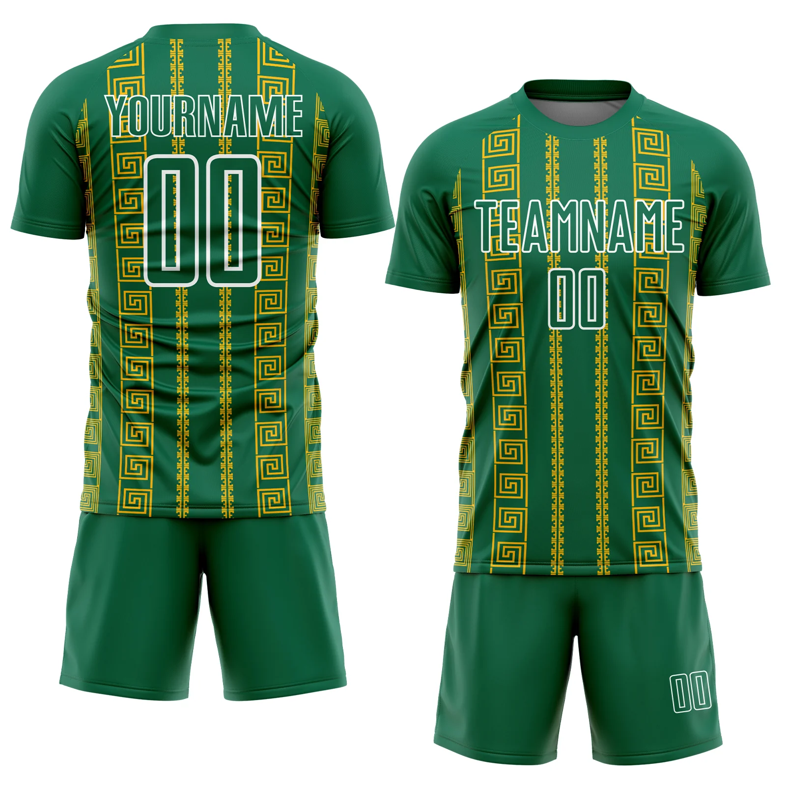 Custom Kelly Green Gold-White Geometric Shape Sublimation Soccer Uniform Jersey - Image 2