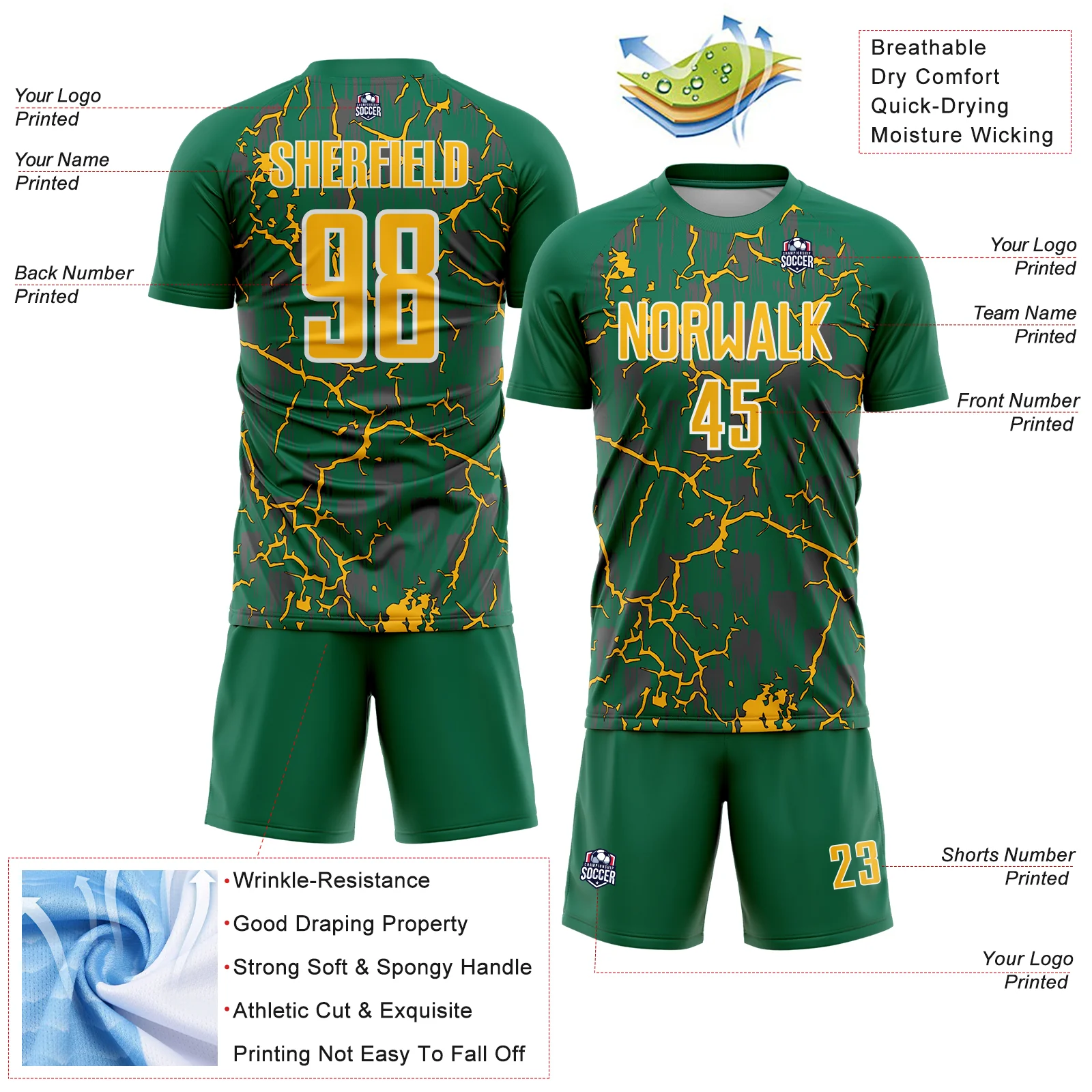 Custom Kelly Green Gold-White Lightning Sublimation Soccer Uniform Jersey - Image 4