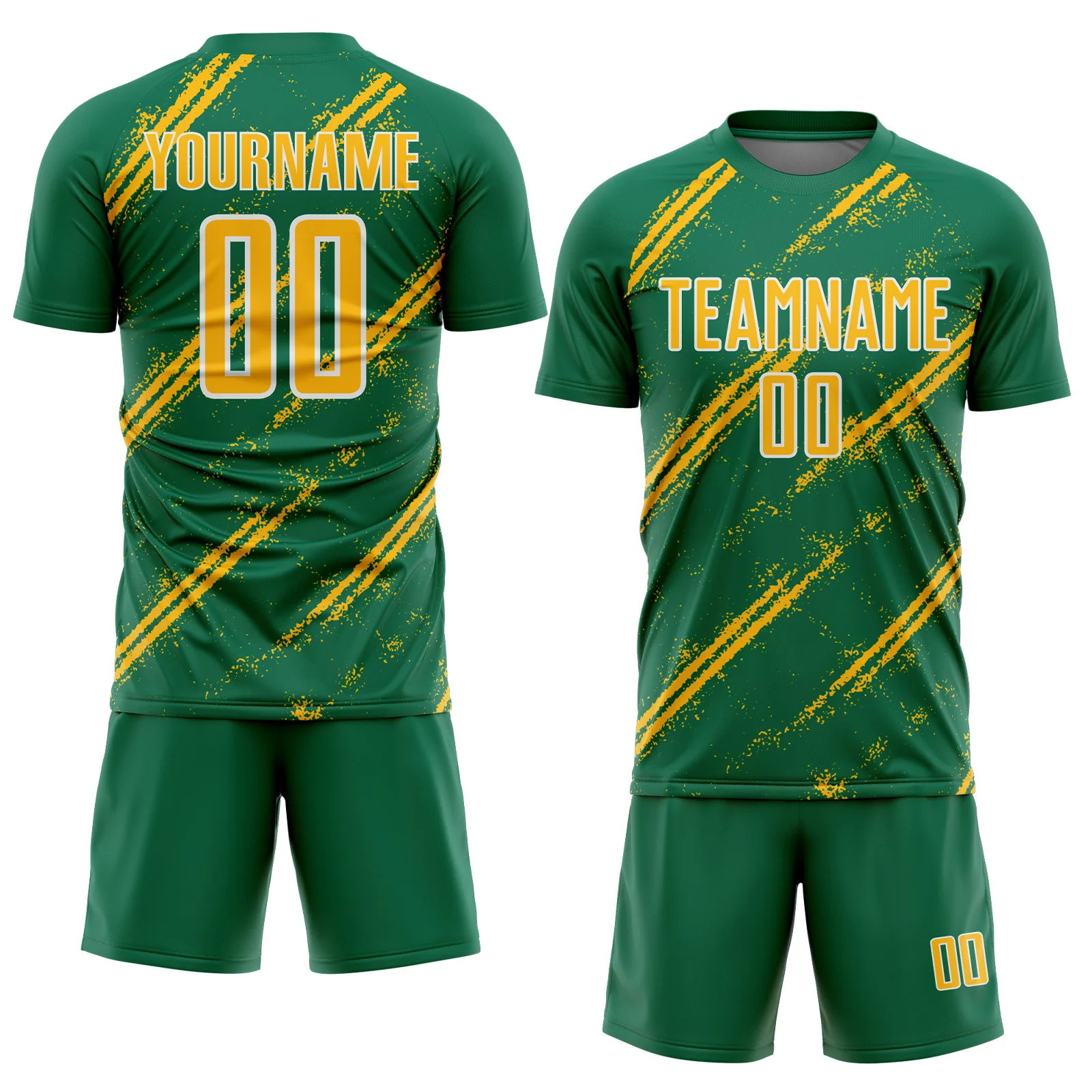 Custom Kelly Green Gold-White Abstract Fragment Art Splash Sublimation Soccer Uniform Jersey - Image 2