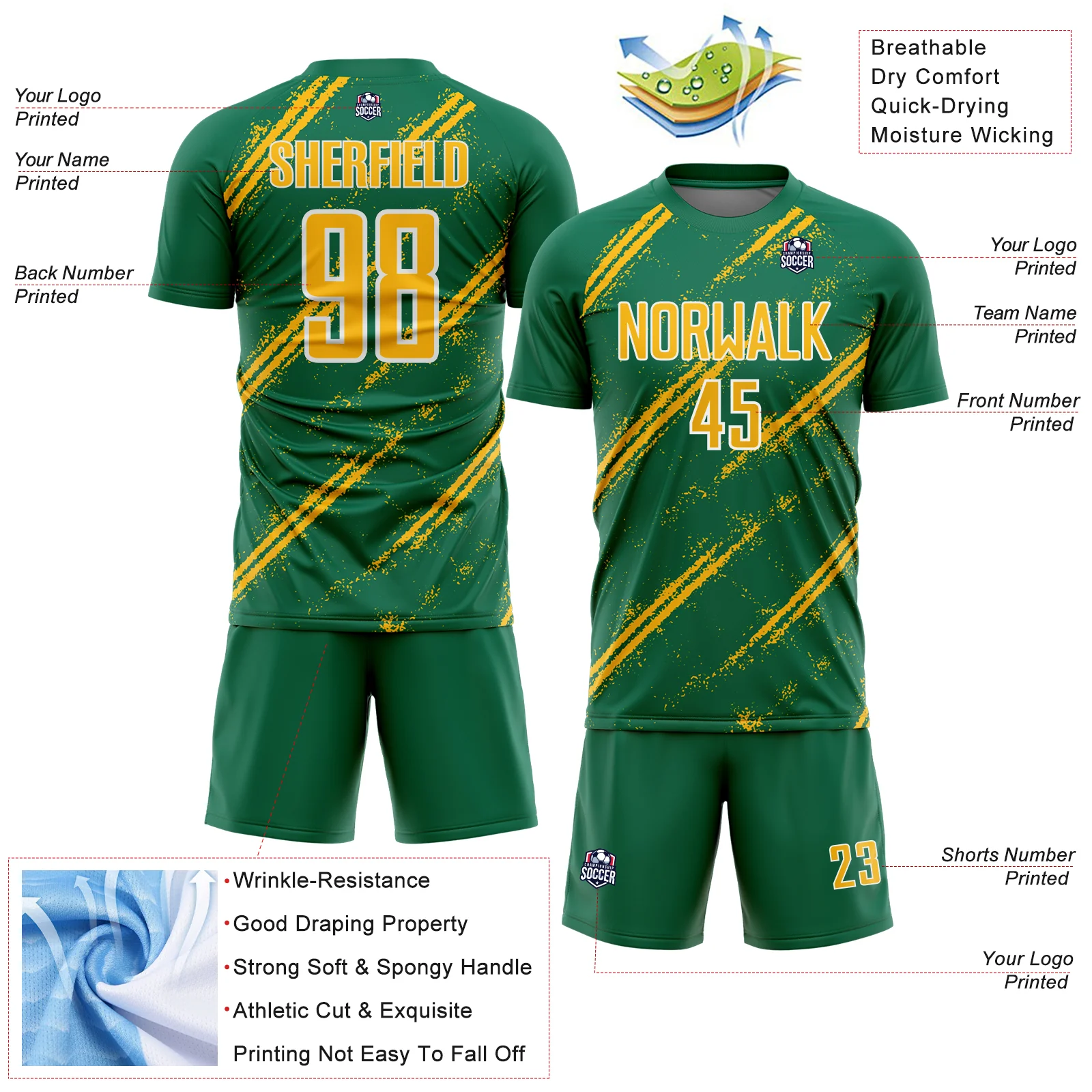 Custom Kelly Green Gold-White Abstract Fragment Art Splash Sublimation Soccer Uniform Jersey - Image 4