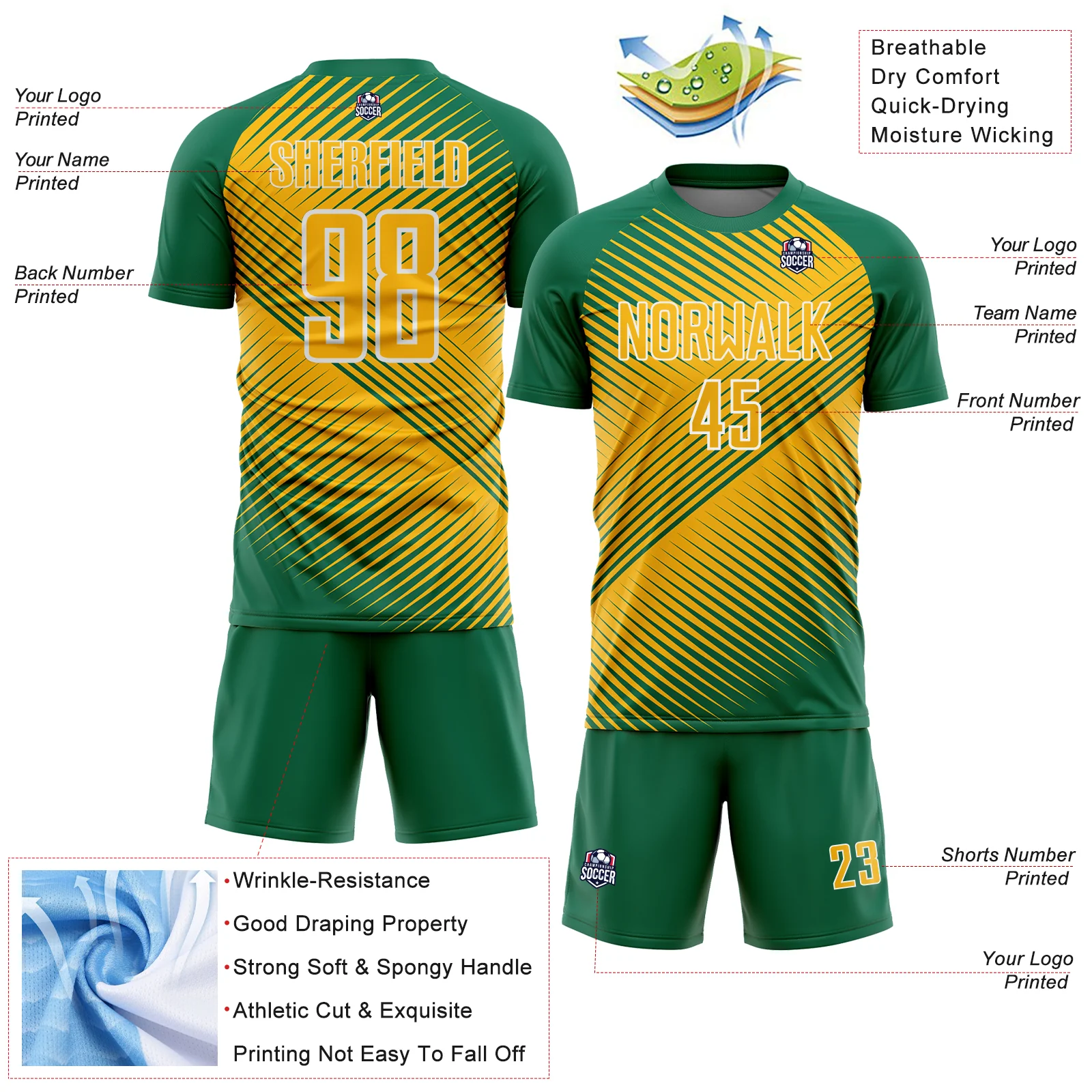 Custom Kelly Green Gold-White Line Sublimation Soccer Uniform Jersey - Image 4