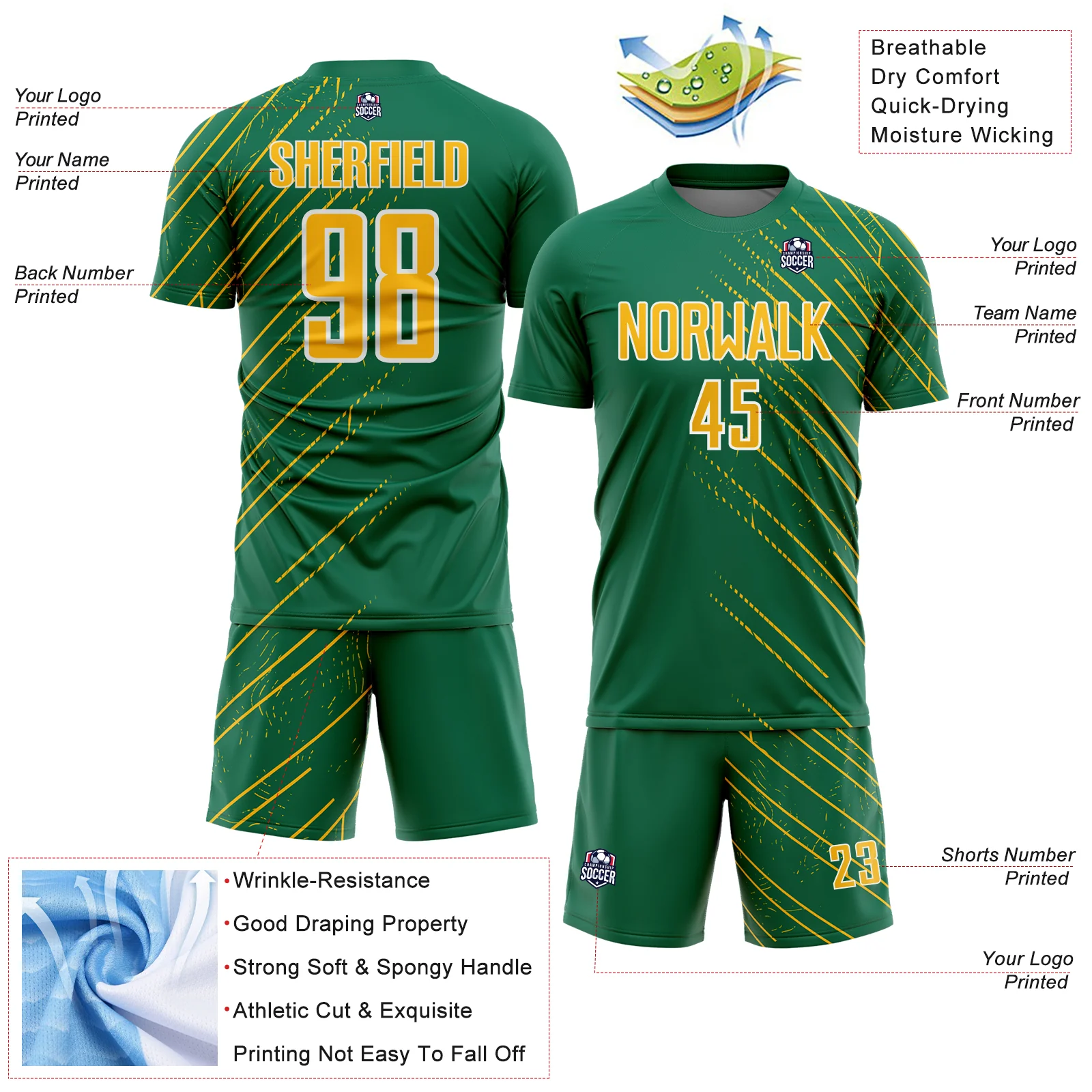 Custom Kelly Green Gold-White Lines Sports Sublimation Soccer Uniform Jersey - Image 4