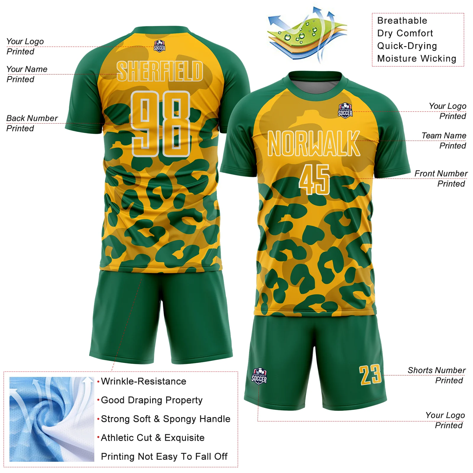 Custom Kelly Green Gold-White Animal Leopard Print Sports Sublimation Soccer Uniform Jersey - Image 4