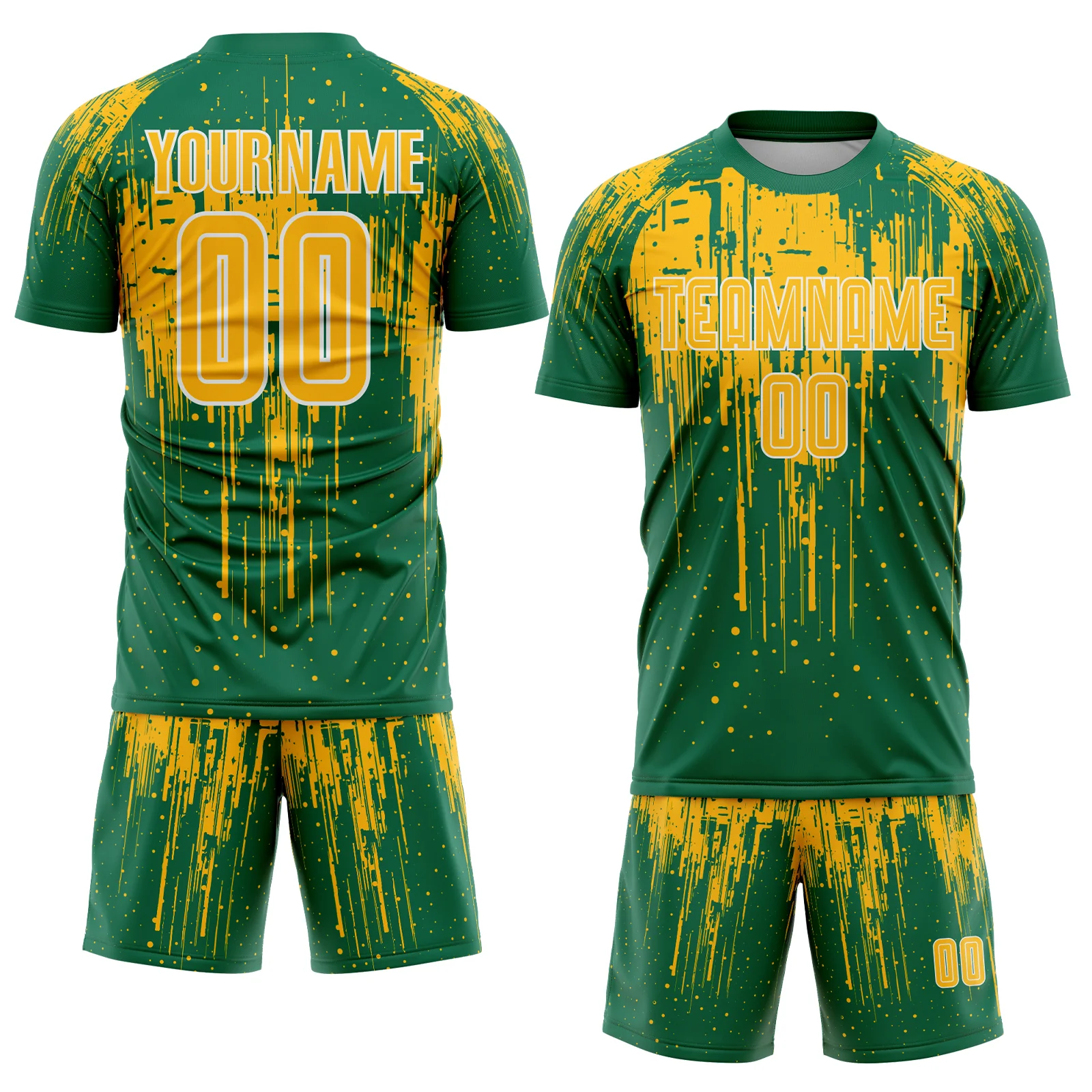 Custom Kelly Green Gold-White Dripping Splatte Pattern Sports Sublimation Soccer Uniform Jersey - Image 2
