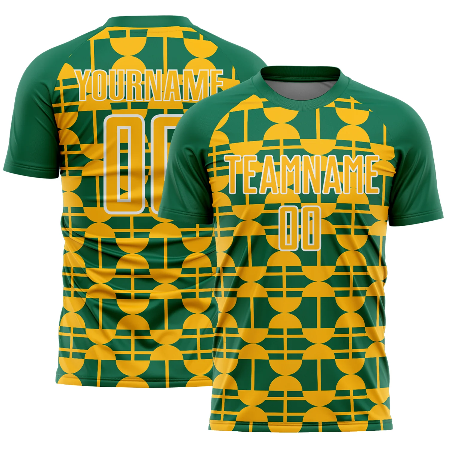 Custom Kelly Green Gold-White Geometric Shapes Sports Sublimation Soccer Uniform Jersey