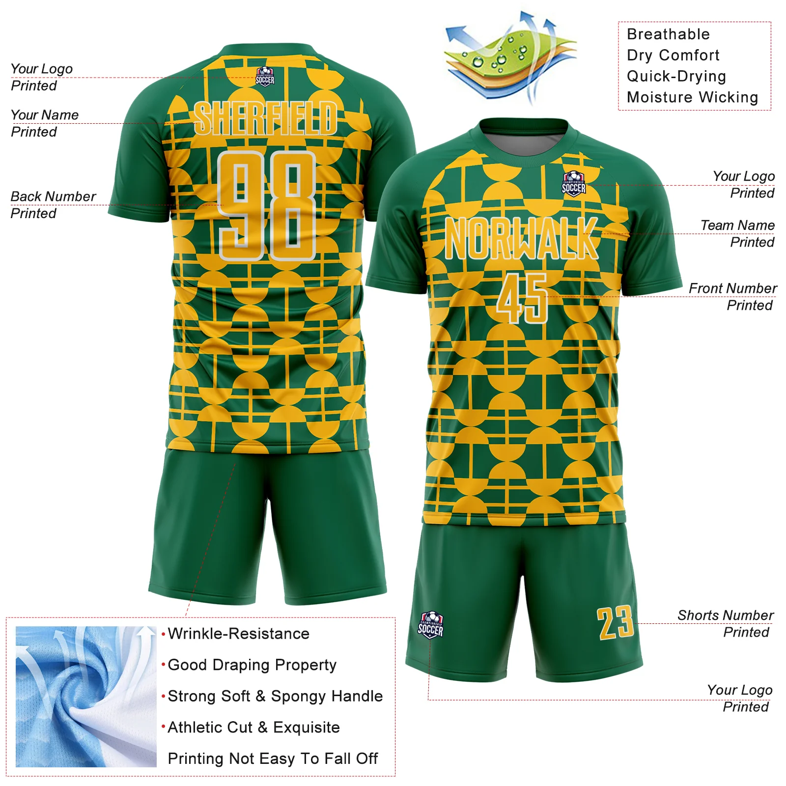 Custom Kelly Green Gold-White Geometric Shapes Sports Sublimation Soccer Uniform Jersey - Image 4