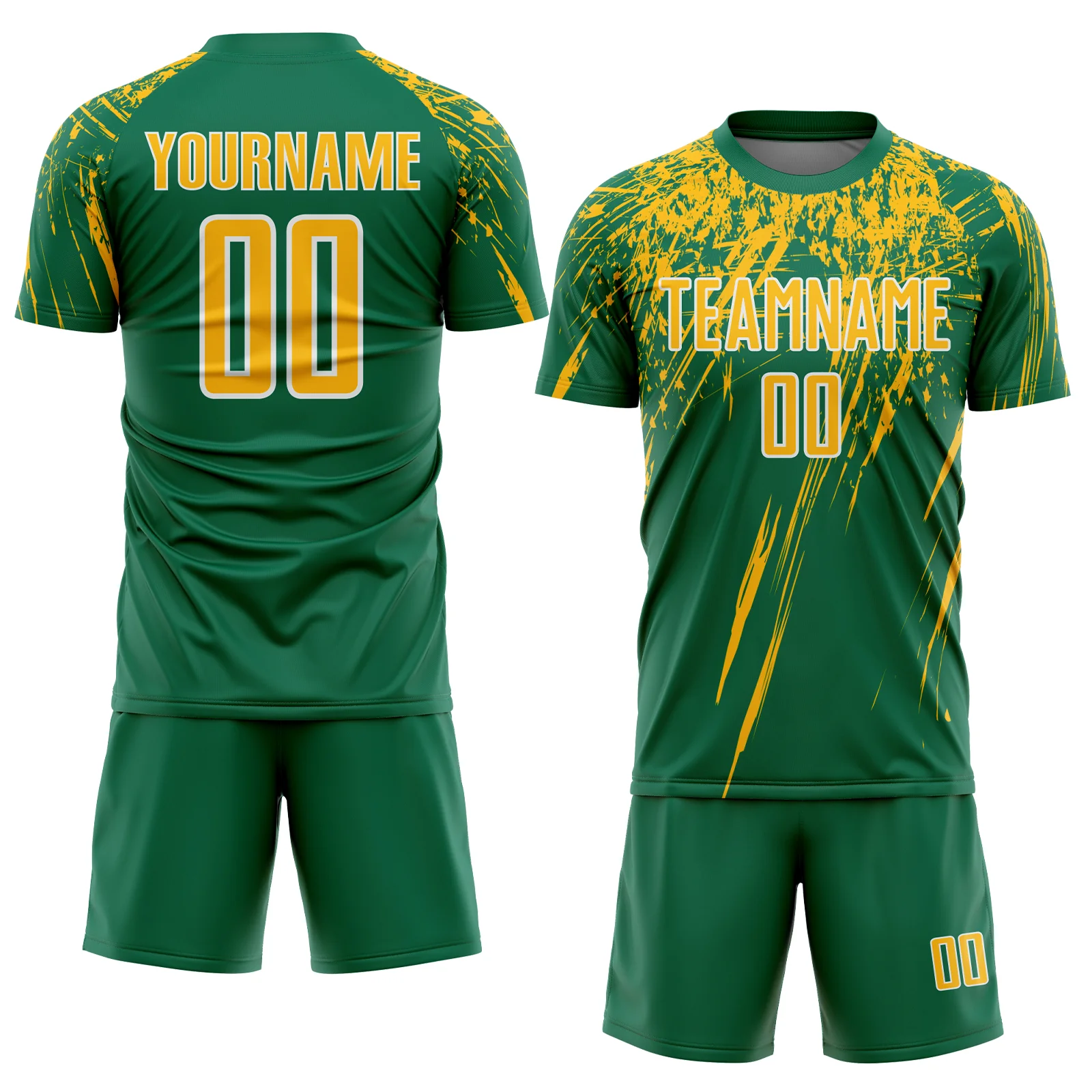Custom Kelly Green Gold-White Splash Sports Sublimation Soccer Uniform Jersey - Image 2
