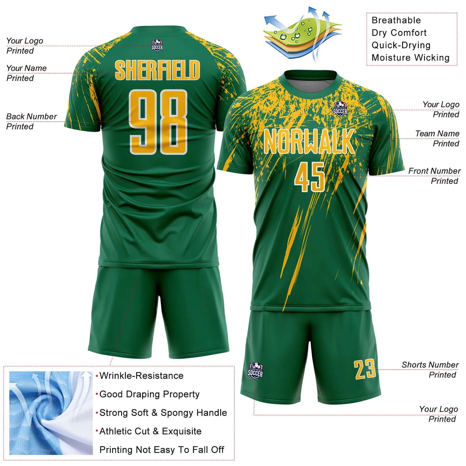 Custom Kelly Green Gold-White Splash Sports Sublimation Soccer Uniform Jersey - Image 4