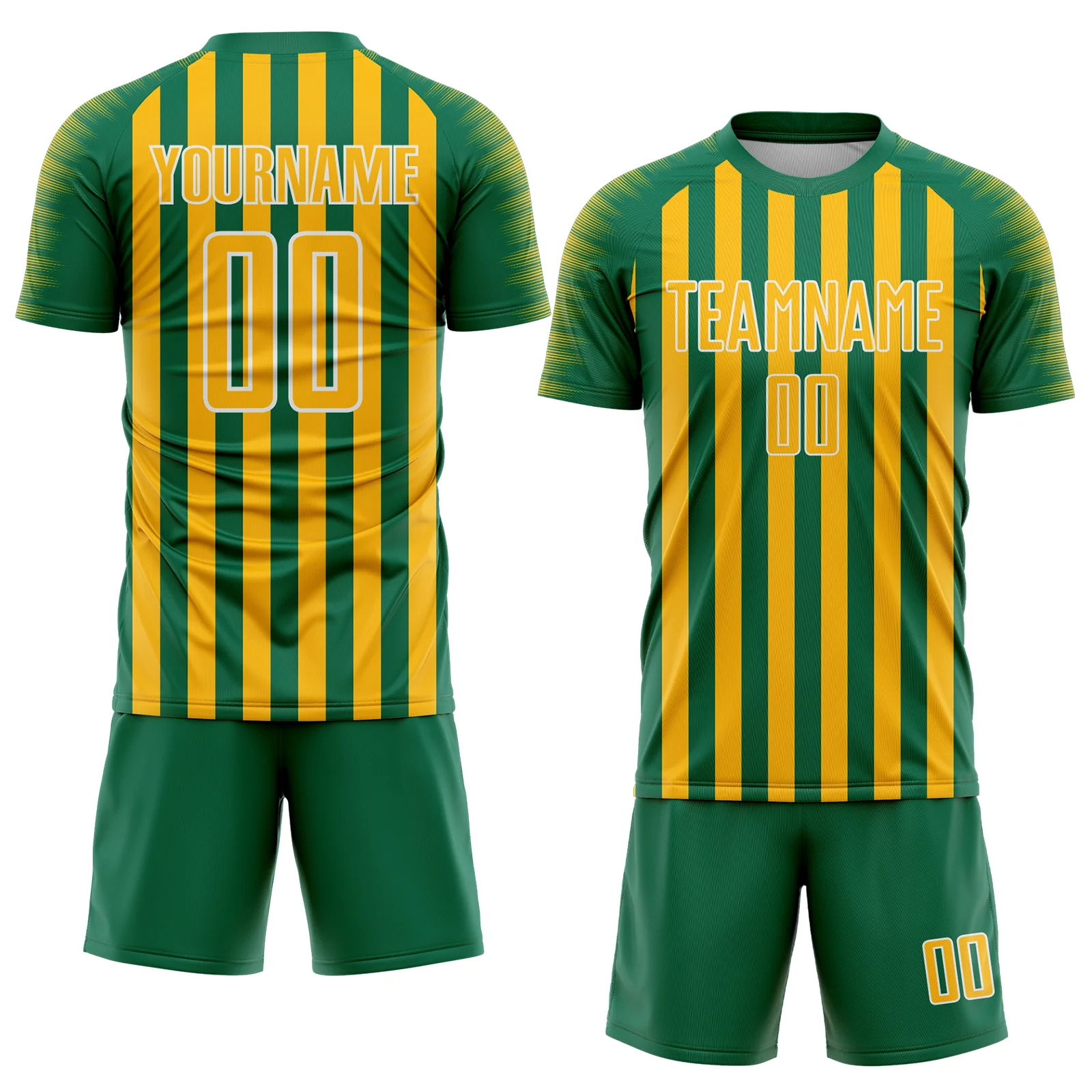 Custom Kelly Green Gold-White Stripe Sports Sublimation Soccer Uniform Jersey - Image 2