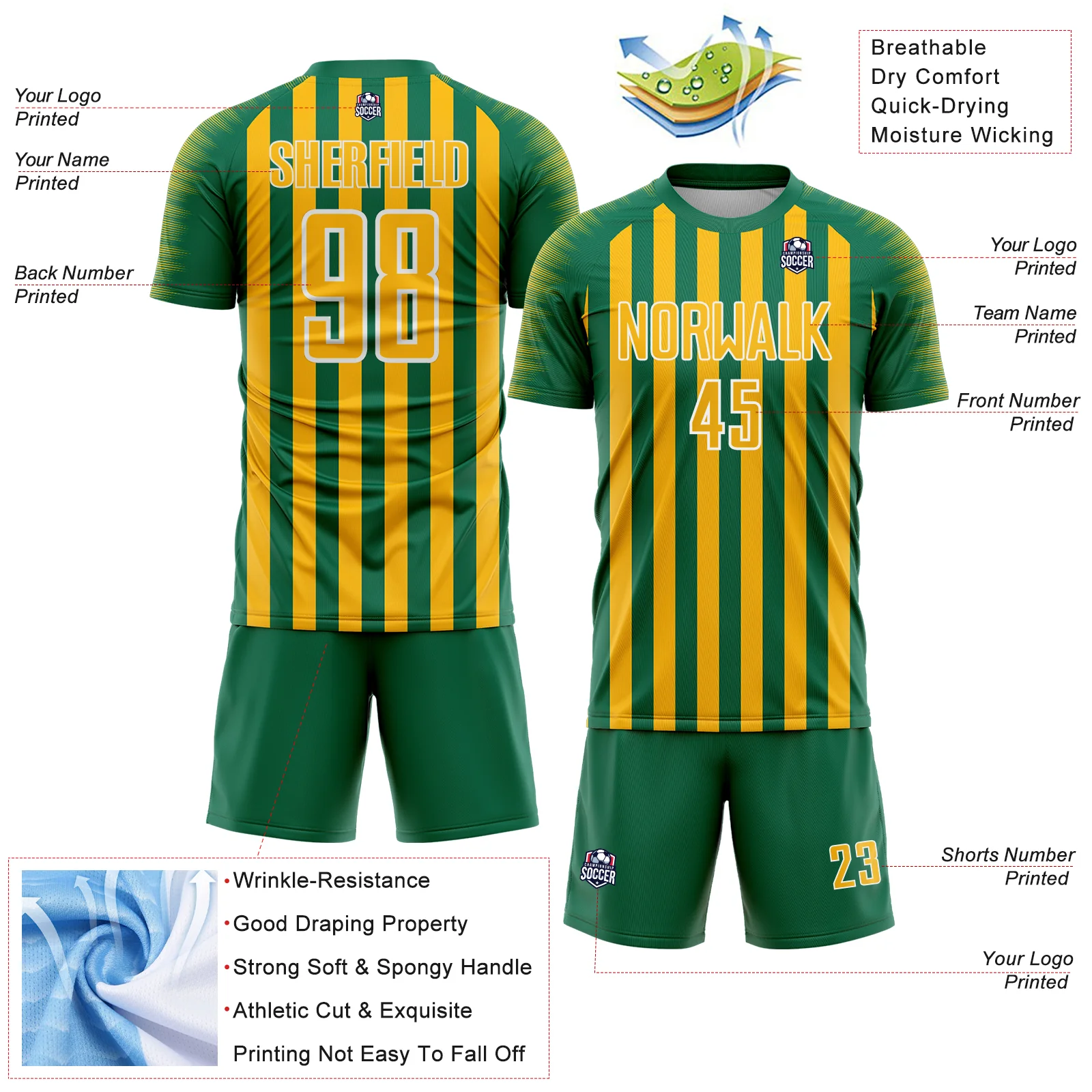 Custom Kelly Green Gold-White Stripe Sports Sublimation Soccer Uniform Jersey - Image 4