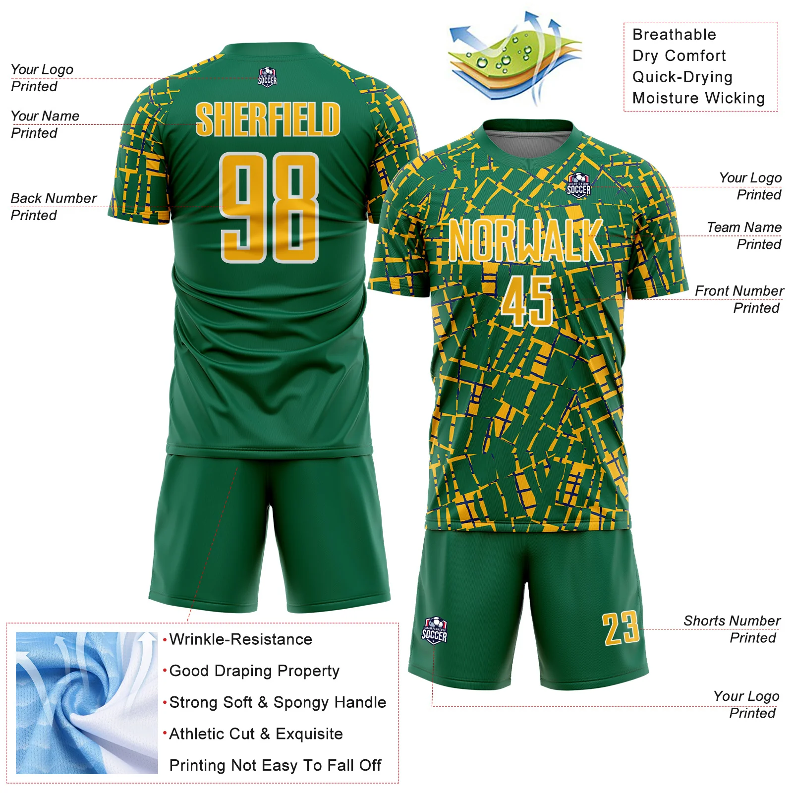 Custom Kelly Green Gold-White Abstract Line Sports Sublimation Soccer Uniform Jersey - Image 4
