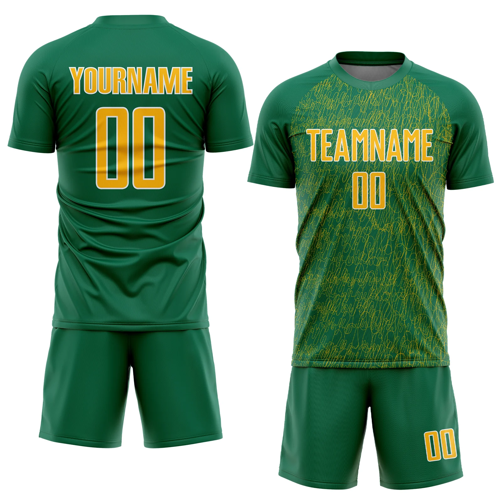 Custom Kelly Green Gold-White Abstract Scribble Curve Line Pattern Sports Sublimation Soccer Uniform Jersey - Image 2