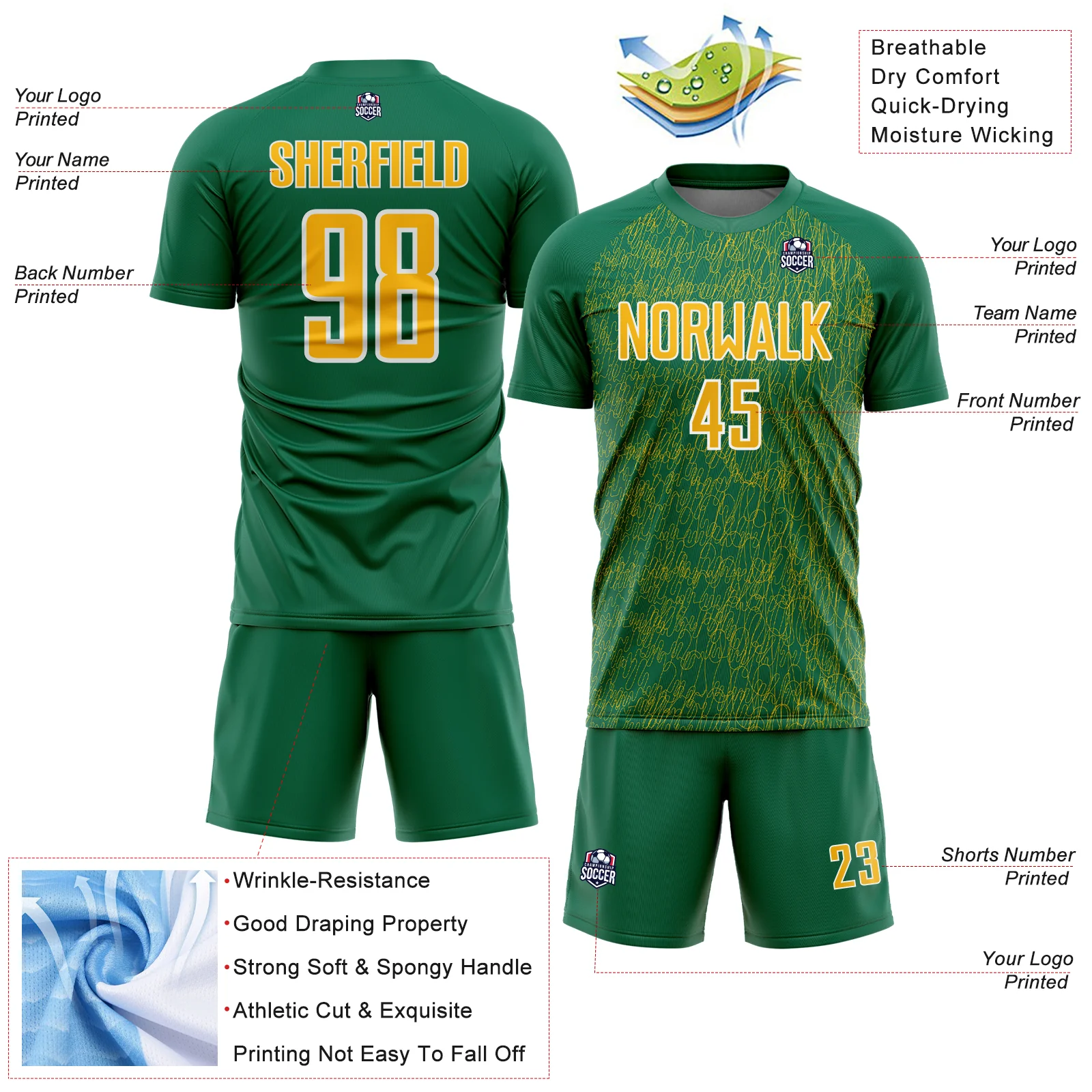 Custom Kelly Green Gold-White Abstract Scribble Curve Line Pattern Sports Sublimation Soccer Uniform Jersey - Image 4