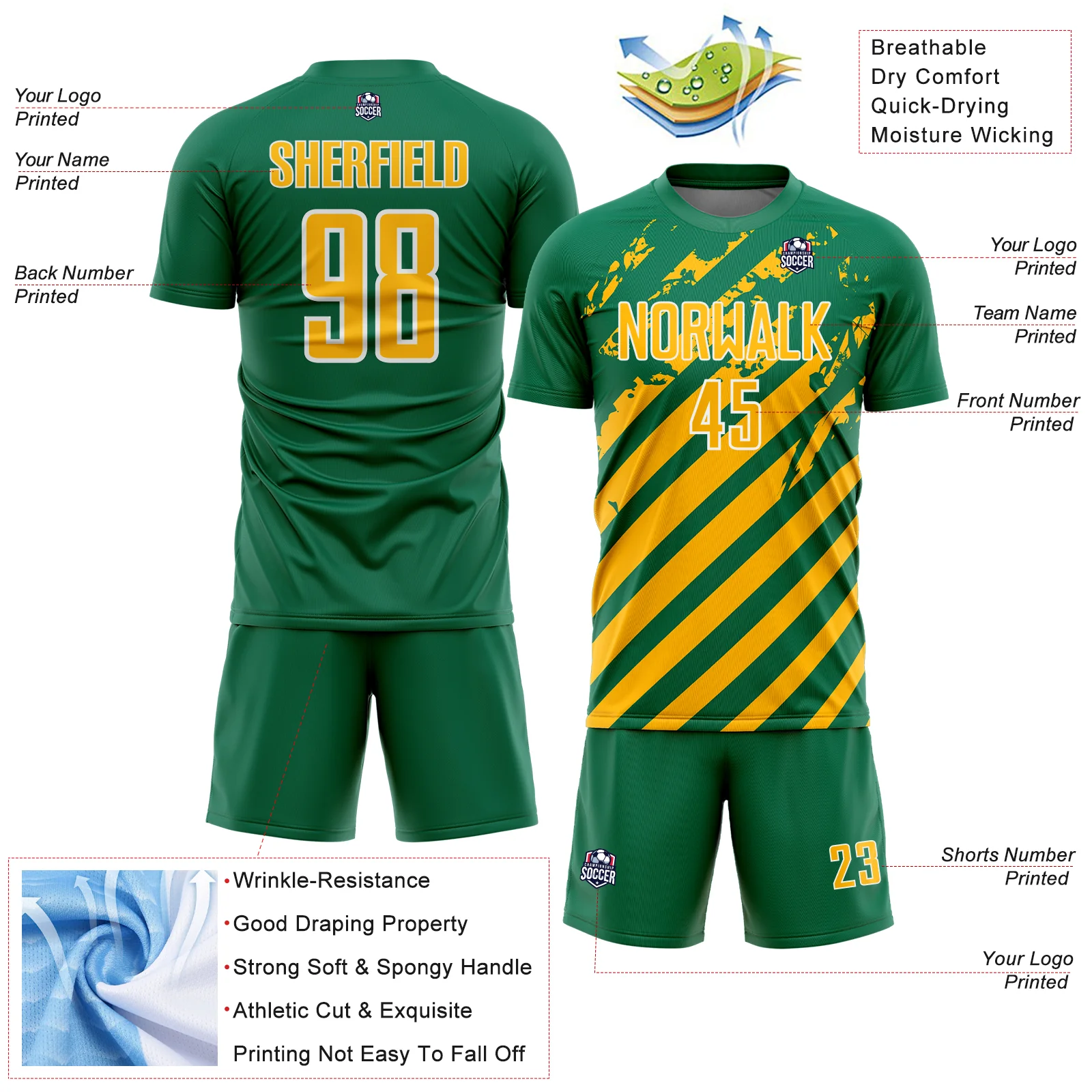 Custom Kelly Green Gold-White Distressed Diagonal Stripe Pattern Sports Sublimation Soccer Uniform Jersey - Image 4