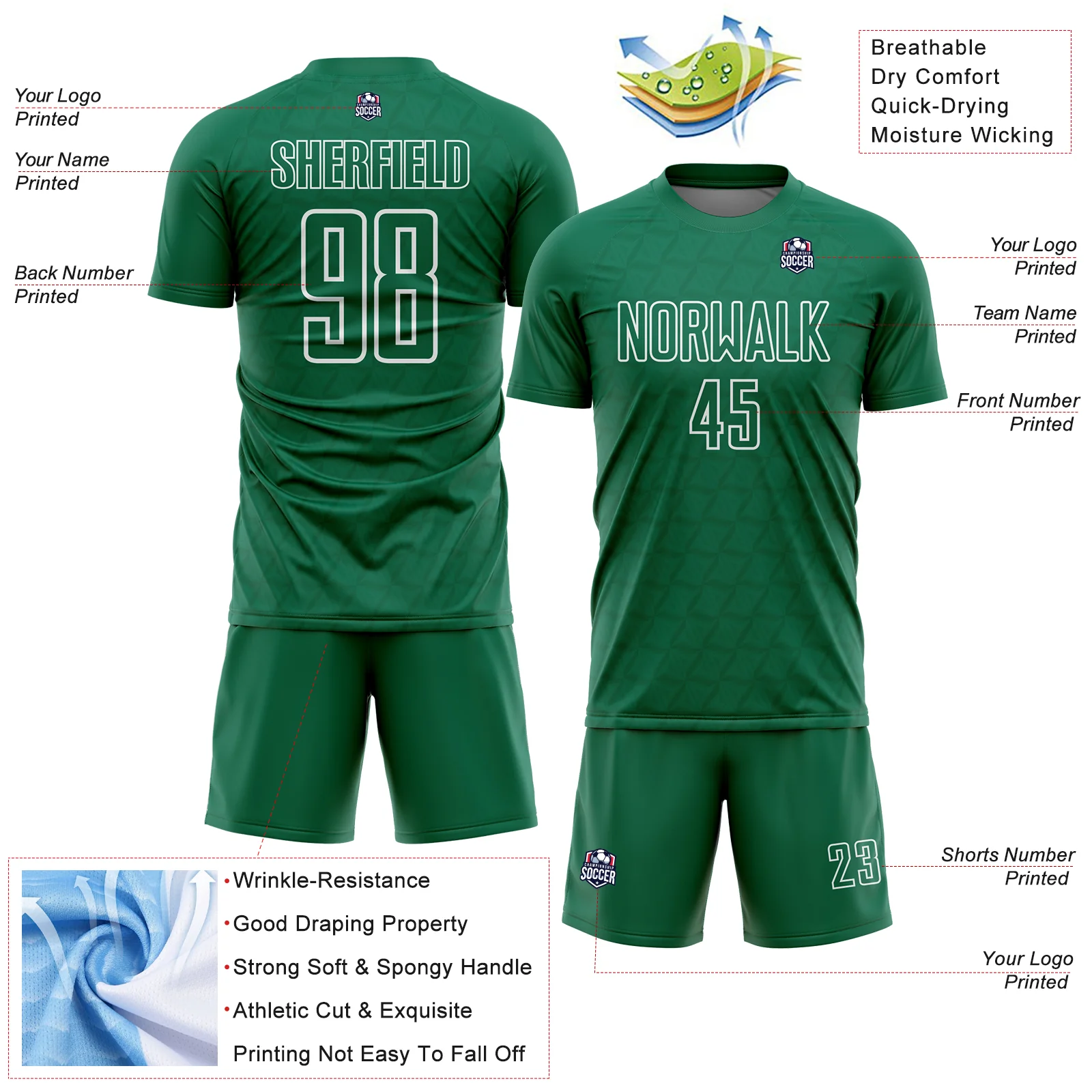 Custom Kelly Green White Geometric Shape Sublimation Soccer Uniform Jersey - Image 4