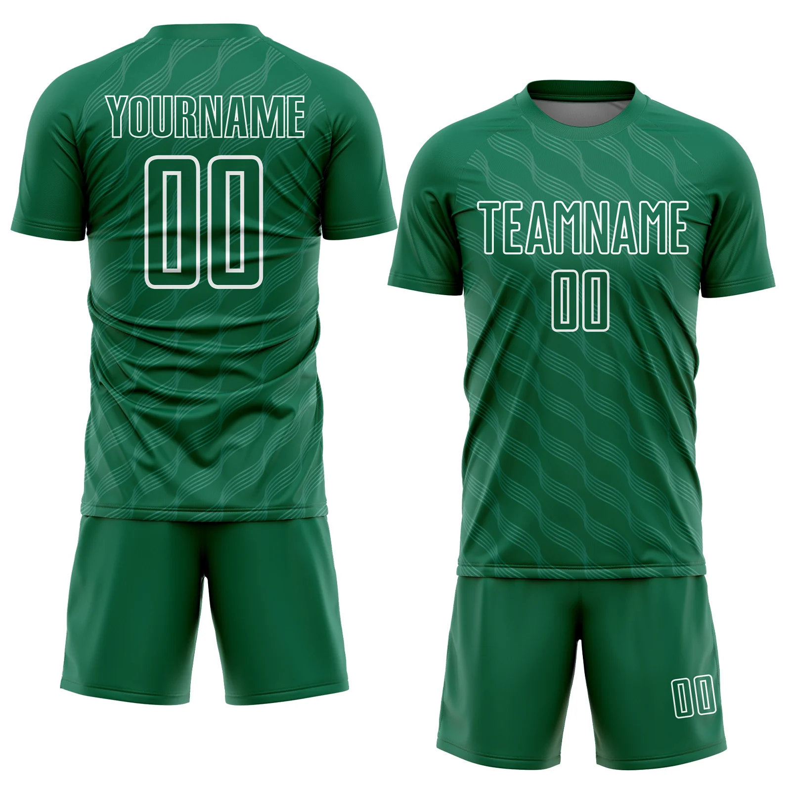 Custom Kelly Green White Waves Shape Sublimation Soccer Uniform Jersey - Image 2