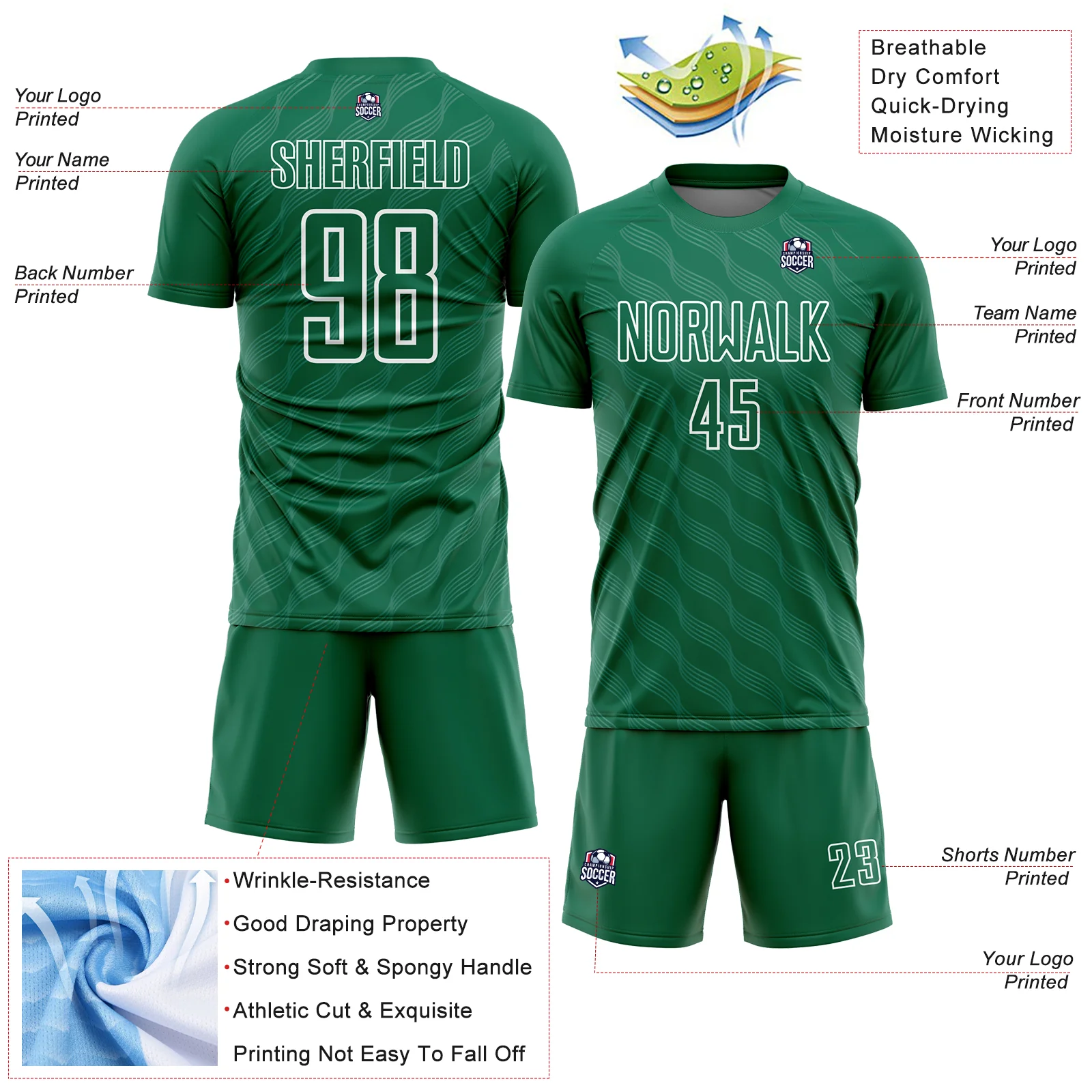 Custom Kelly Green White Waves Shape Sublimation Soccer Uniform Jersey - Image 4