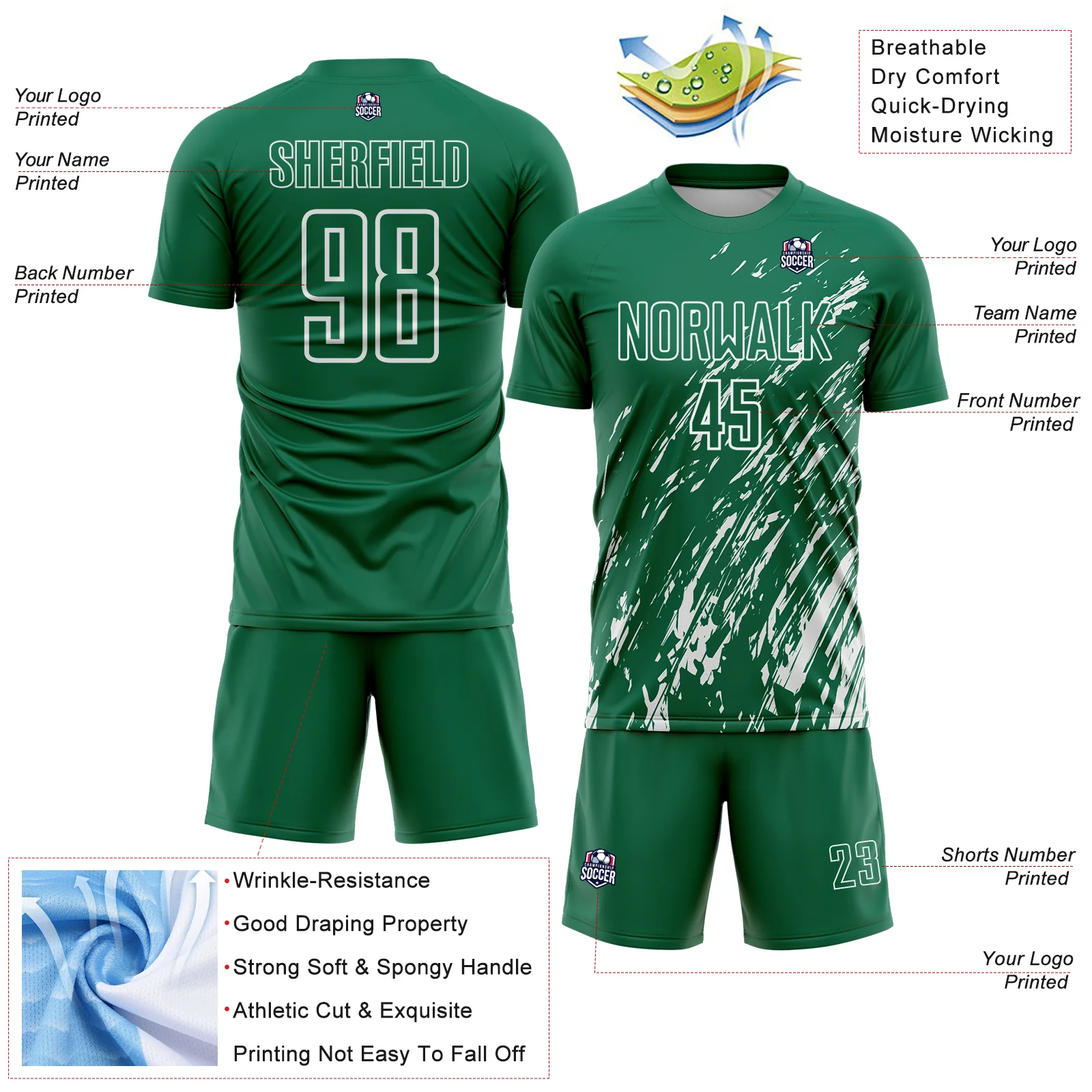Custom Kelly Green White Splash Sublimation Soccer Uniform Jersey - Image 4