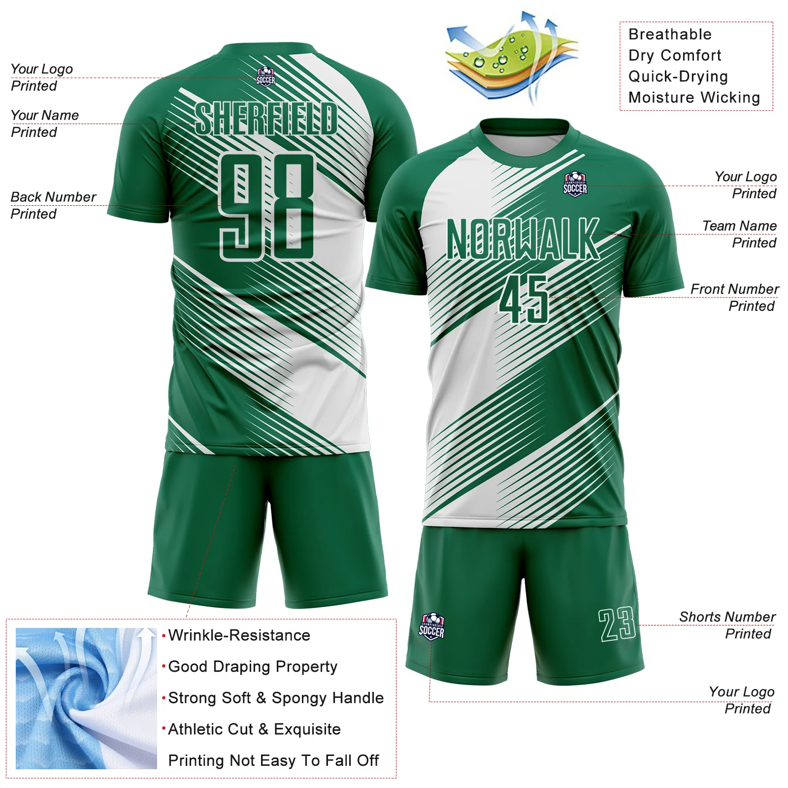 Custom Kelly Green White Line Sublimation Soccer Uniform Jersey - Image 4