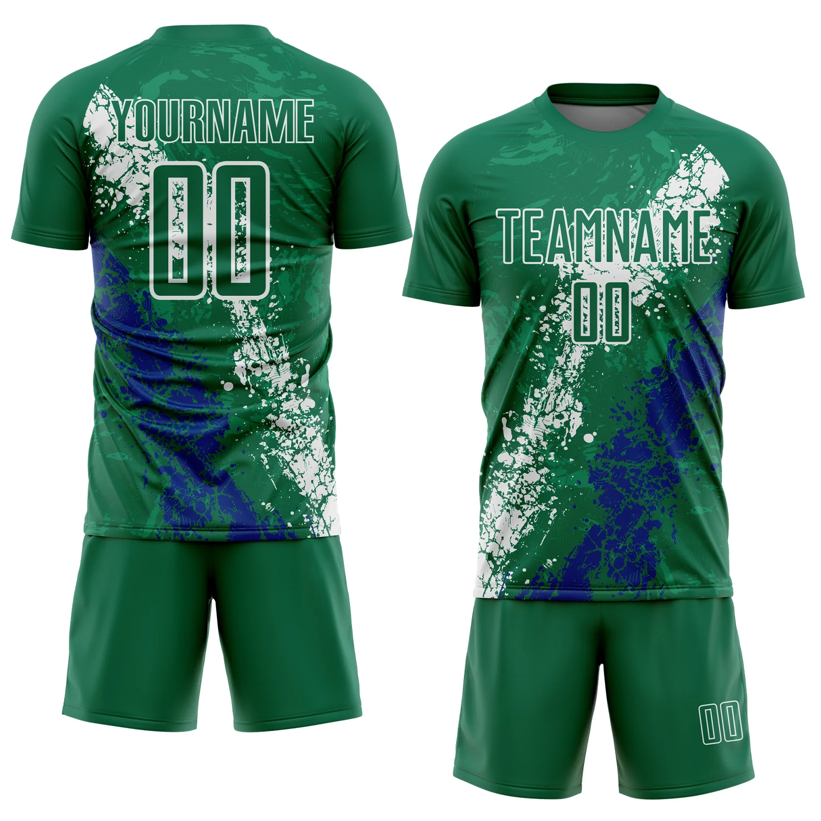Custom Kelly Green White-Royal Dripping Splatter Cracked Texture Sublimation Soccer Uniform Jersey - Image 2