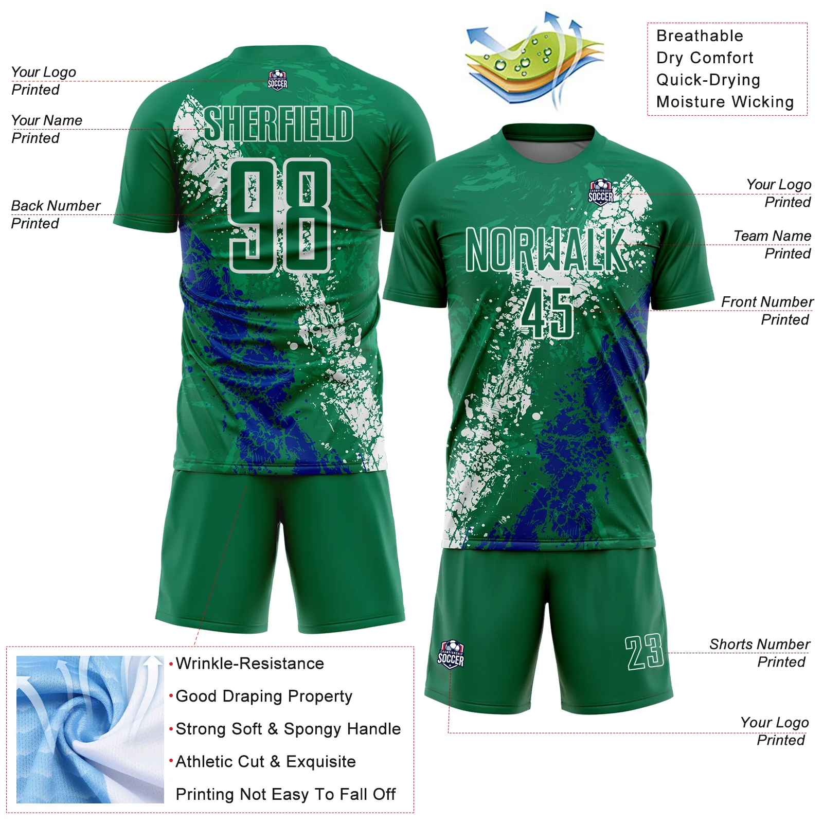 Custom Kelly Green White-Royal Dripping Splatter Cracked Texture Sublimation Soccer Uniform Jersey - Image 4