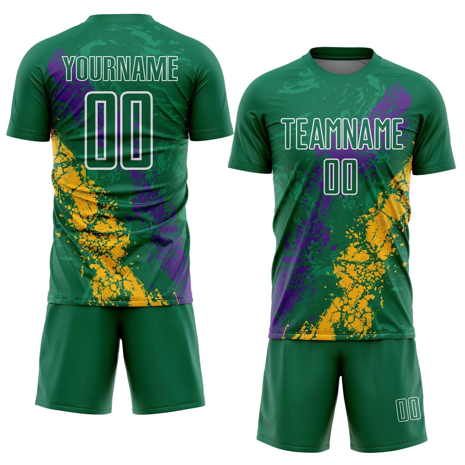 Custom Kelly Green White Purple-Gold Dripping Splatter Cracked Texture Sublimation Soccer Uniform Jersey - Image 2
