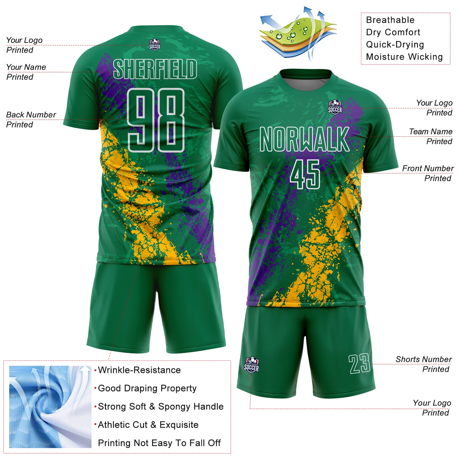 Custom Kelly Green White Purple-Gold Dripping Splatter Cracked Texture Sublimation Soccer Uniform Jersey - Image 4