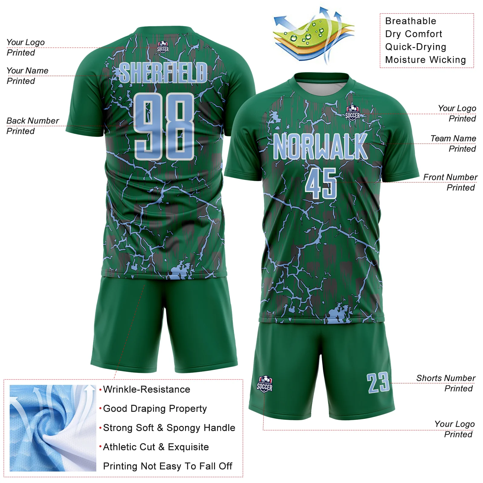 Custom Kelly Green Light Blue-White Lightning Sublimation Soccer Uniform Jersey - Image 4