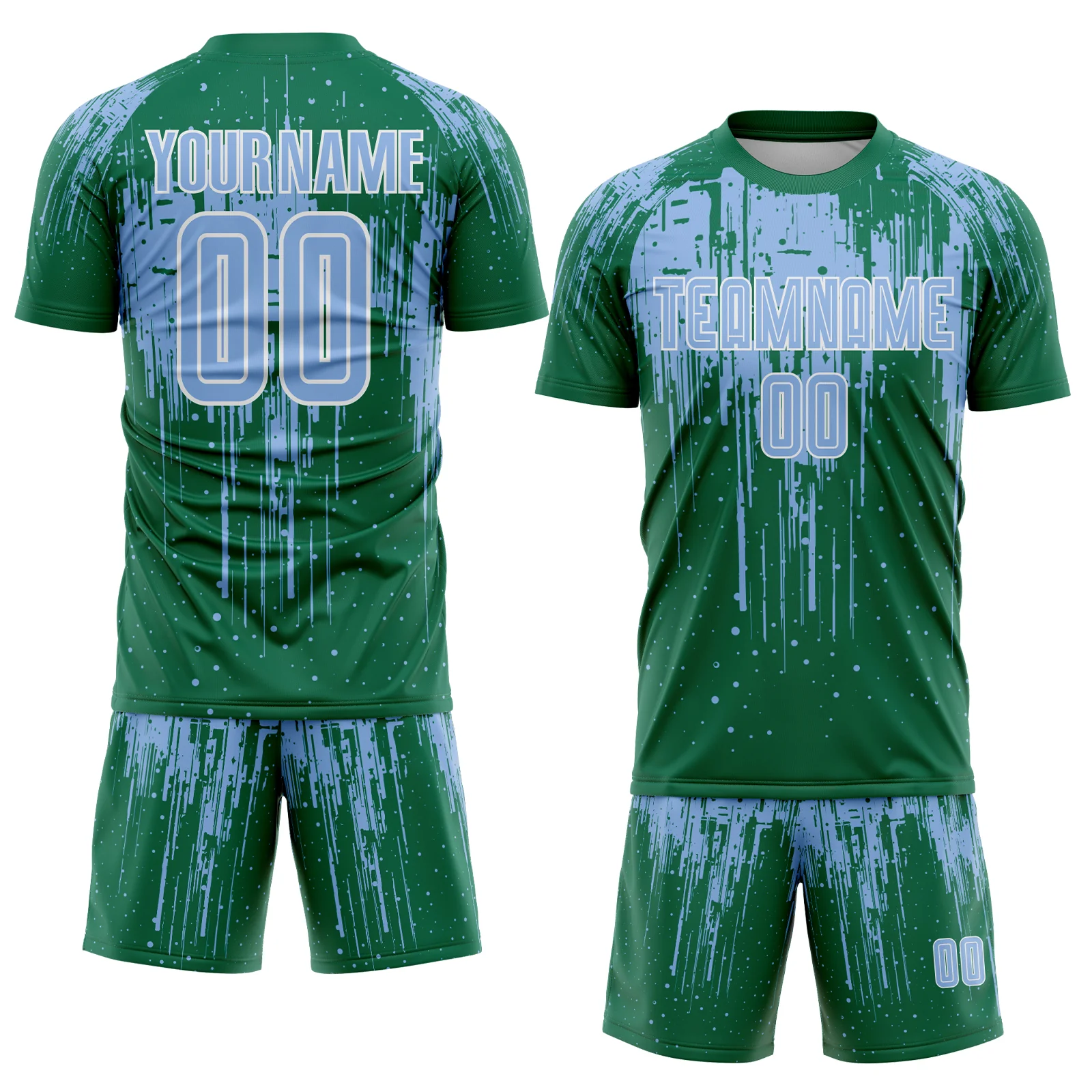 Custom Kelly Green Light Blue-White Dripping Splatte Pattern Sports Sublimation Soccer Uniform Jersey - Image 2