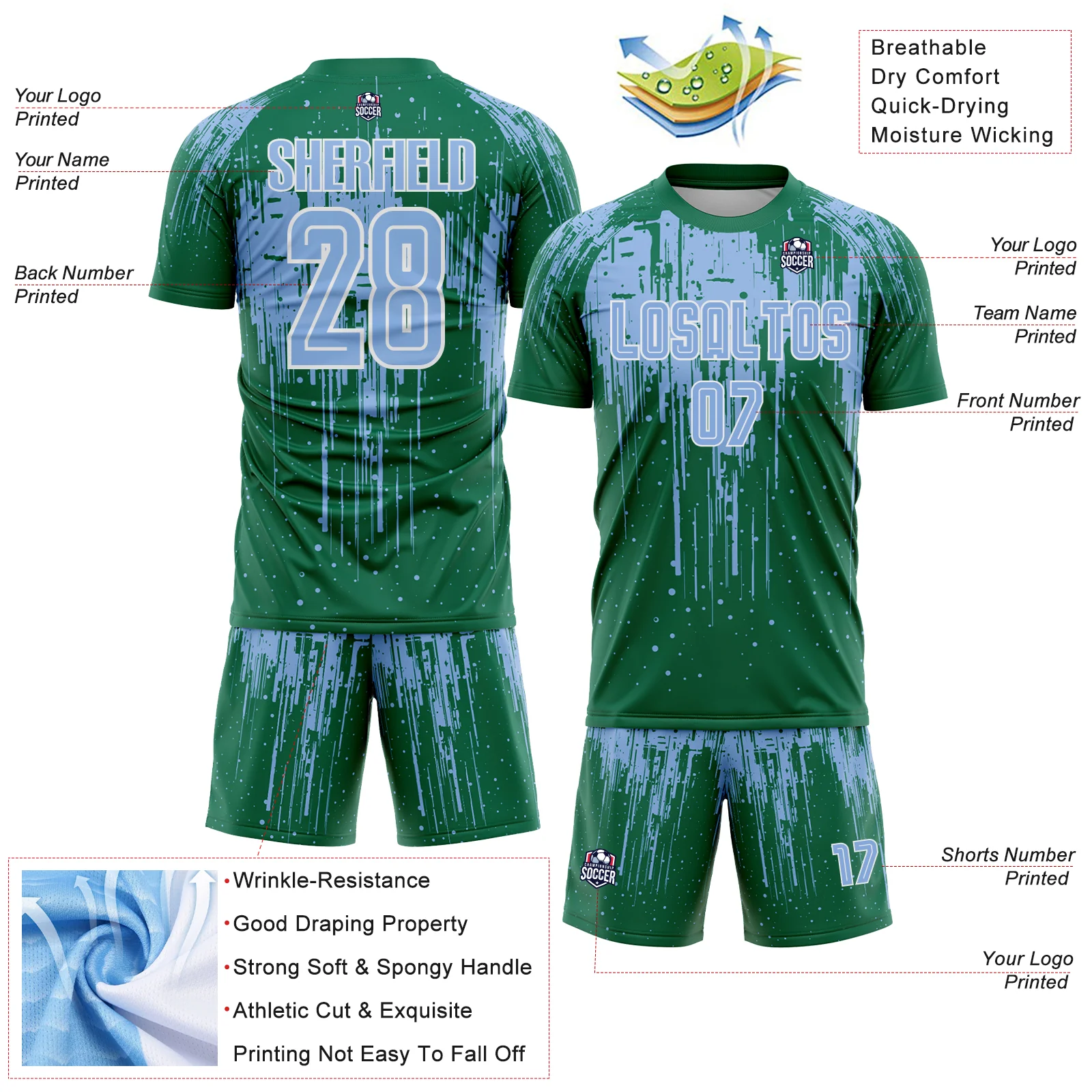 Custom Kelly Green Light Blue-White Dripping Splatte Pattern Sports Sublimation Soccer Uniform Jersey - Image 4