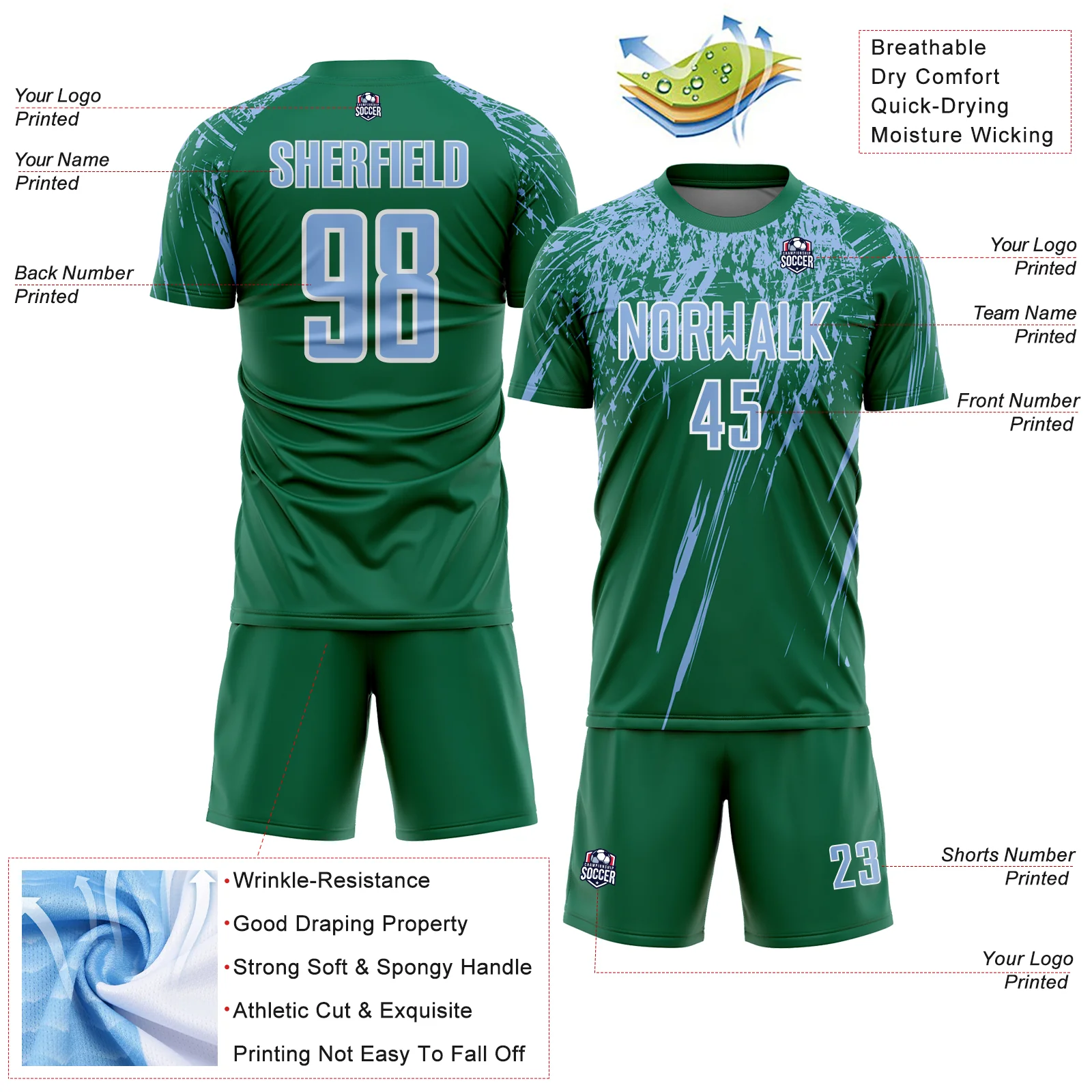 Custom Kelly Green Light Blue-White Splash Sports Sublimation Soccer Uniform Jersey - Image 4