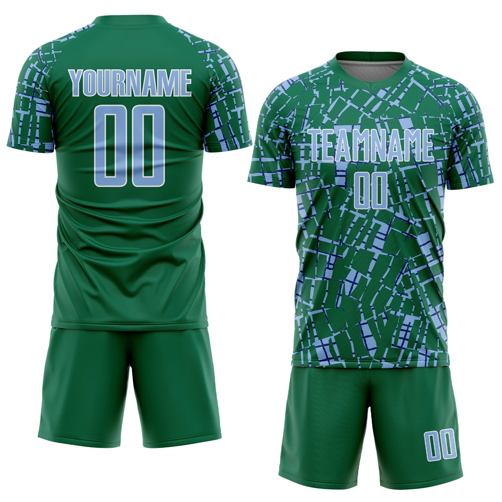 Custom Kelly Green Light Blue-White Abstract Line Sports Sublimation Soccer Uniform Jersey - Image 2