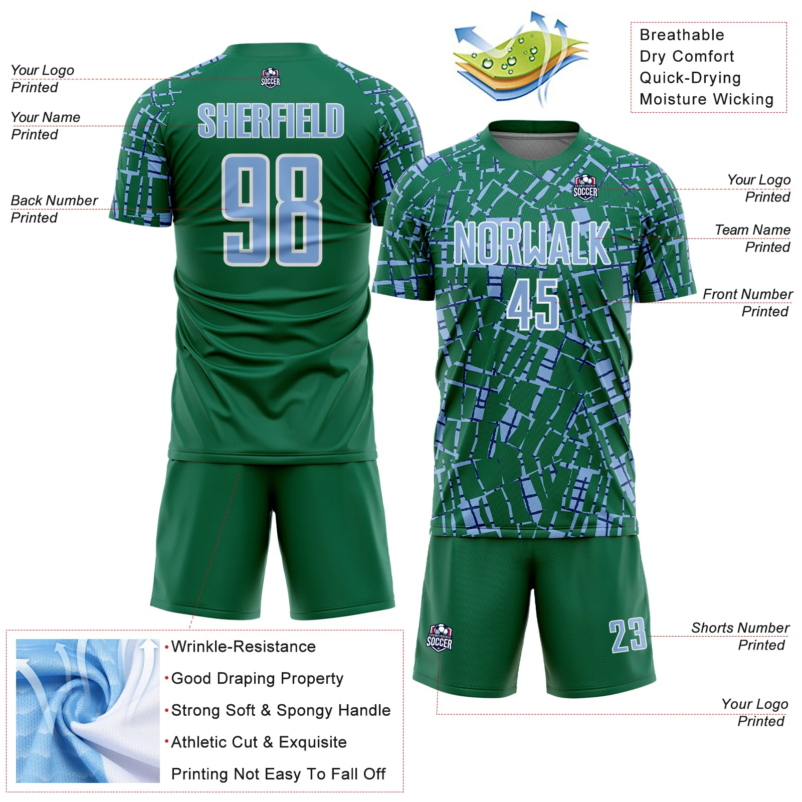 Custom Kelly Green Light Blue-White Abstract Line Sports Sublimation Soccer Uniform Jersey - Image 4