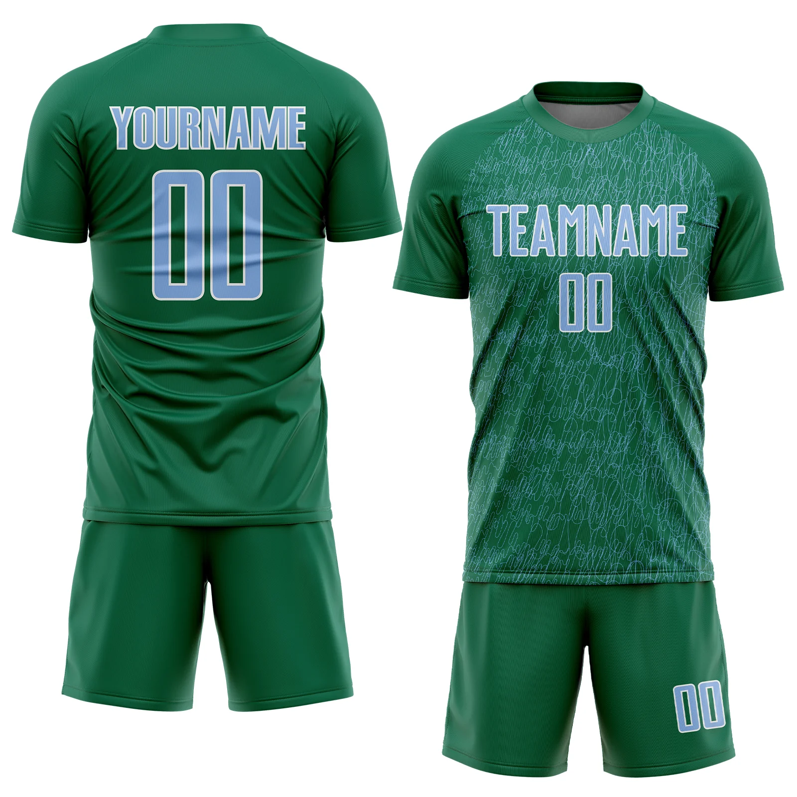 Custom Kelly Green Light Blue-White Abstract Scribble Curve Line Pattern Sports Sublimation Soccer Uniform Jersey - Image 2