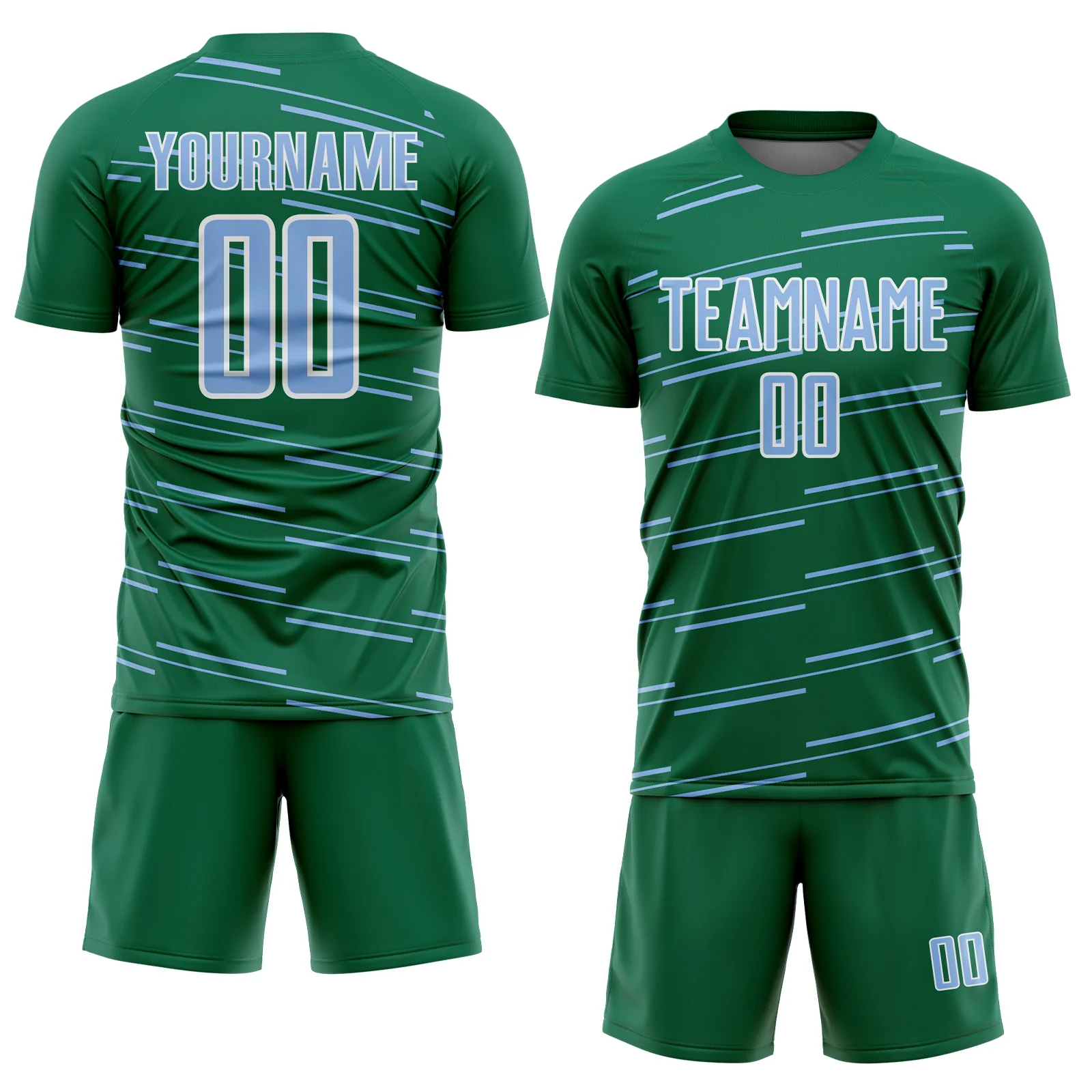 Custom Kelly Green Light Blue-White Diagonal Pinstripes Lines Sports Sublimation Soccer Uniform Jersey - Image 2