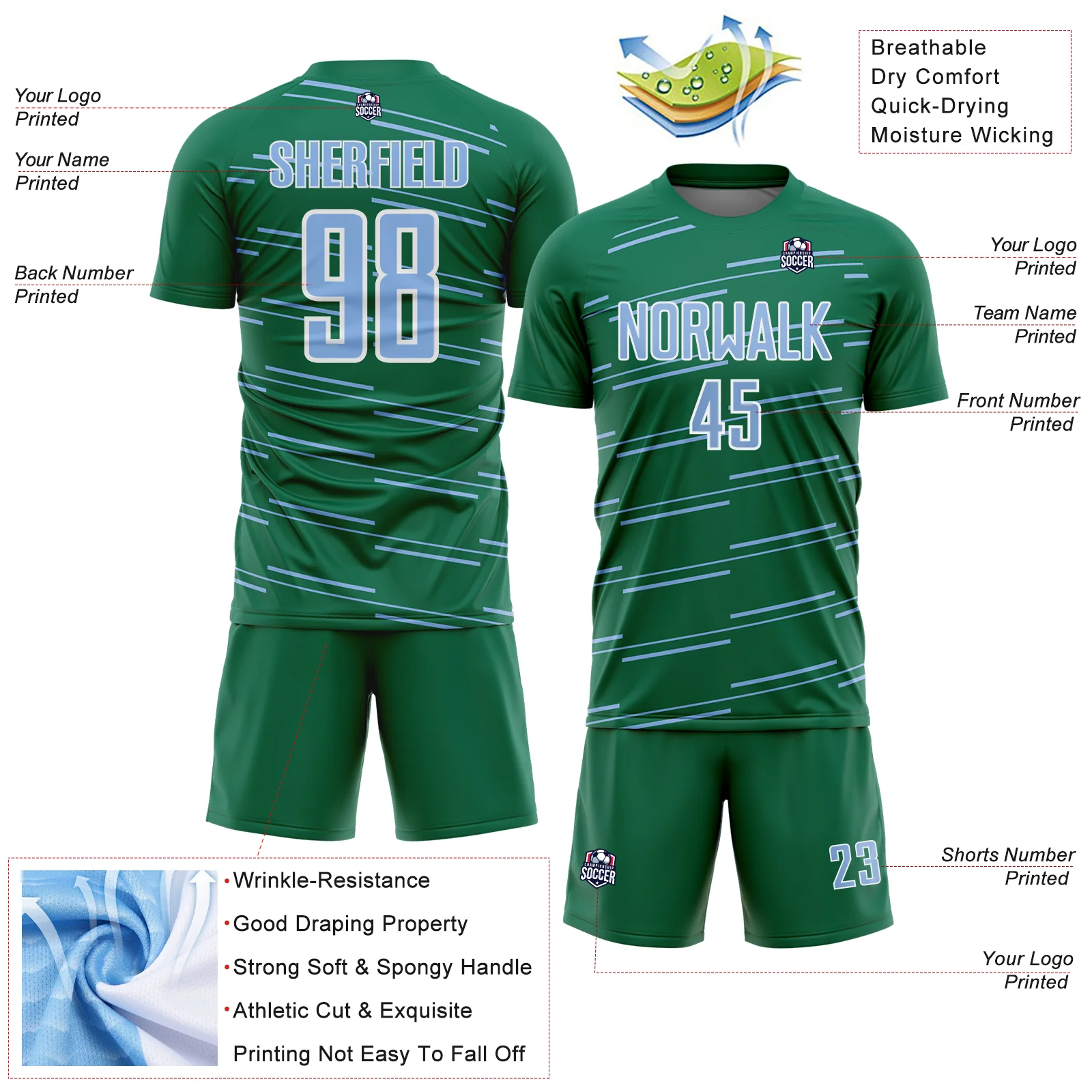 Custom Kelly Green Light Blue-White Diagonal Pinstripes Lines Sports Sublimation Soccer Uniform Jersey - Image 4