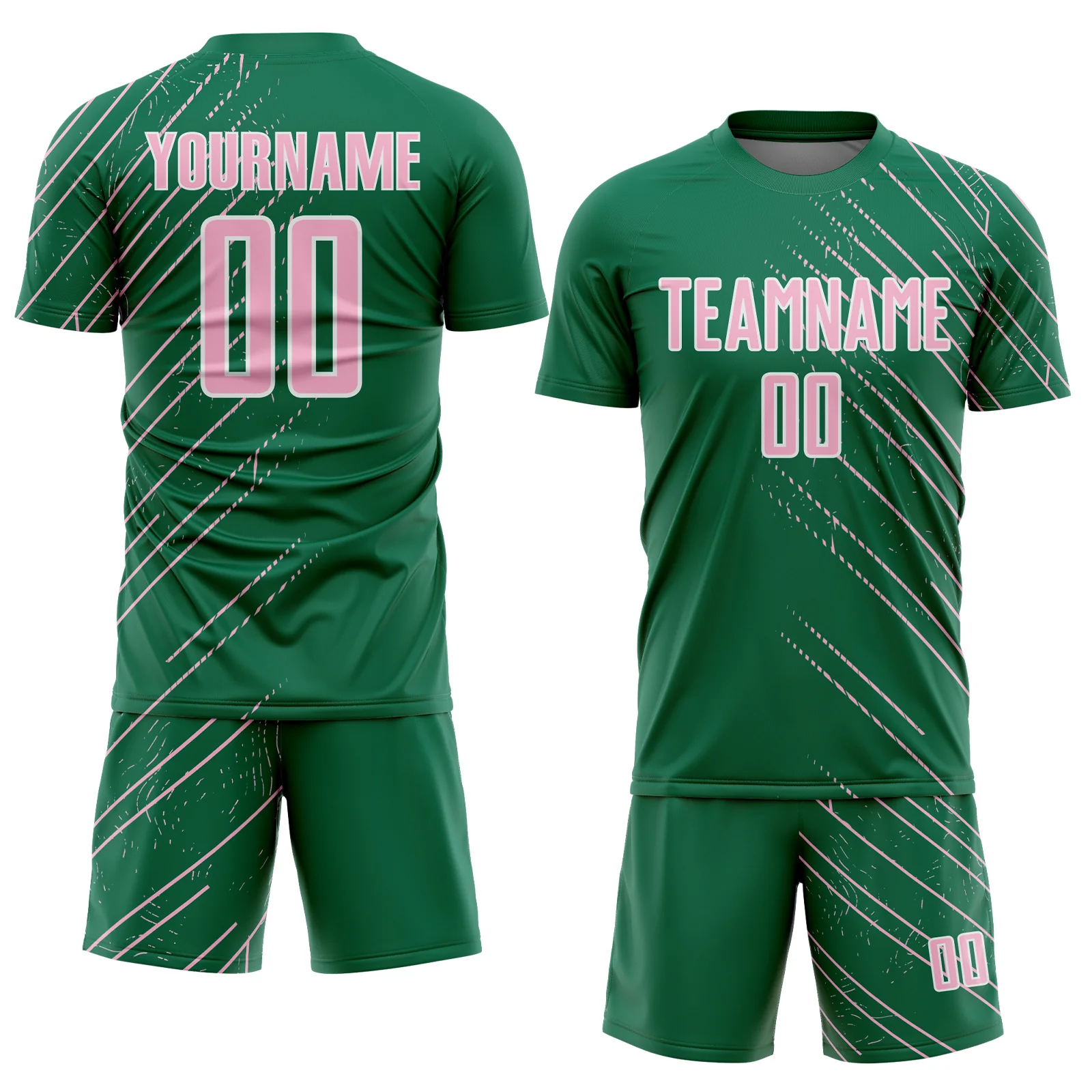 Custom Kelly Green Light Pink-White Lines Sports Sublimation Soccer Uniform Jersey - Image 2