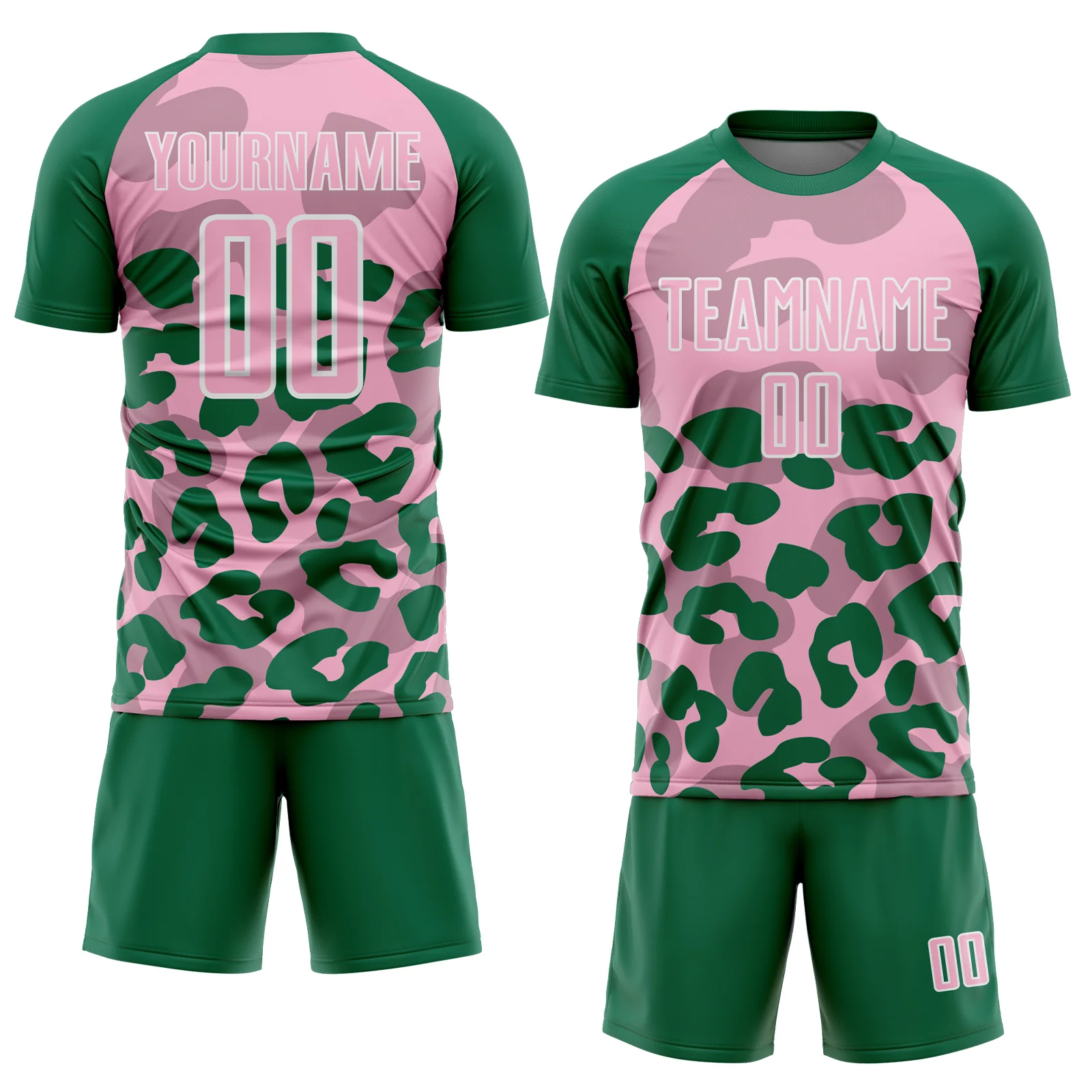 Custom Kelly Green Light Pink-White Animal Leopard Print Sports Sublimation Soccer Uniform Jersey - Image 2