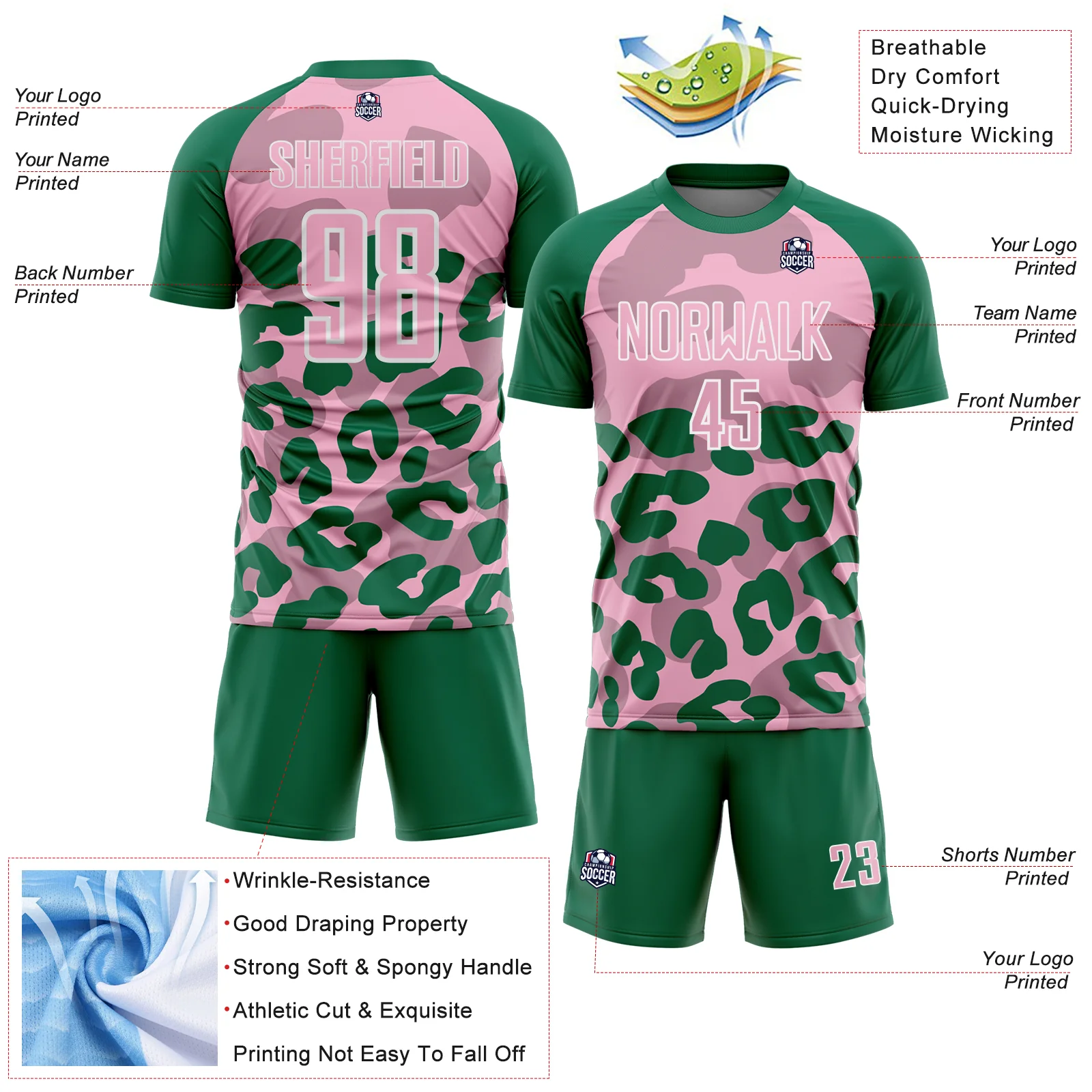 Custom Kelly Green Light Pink-White Animal Leopard Print Sports Sublimation Soccer Uniform Jersey - Image 4