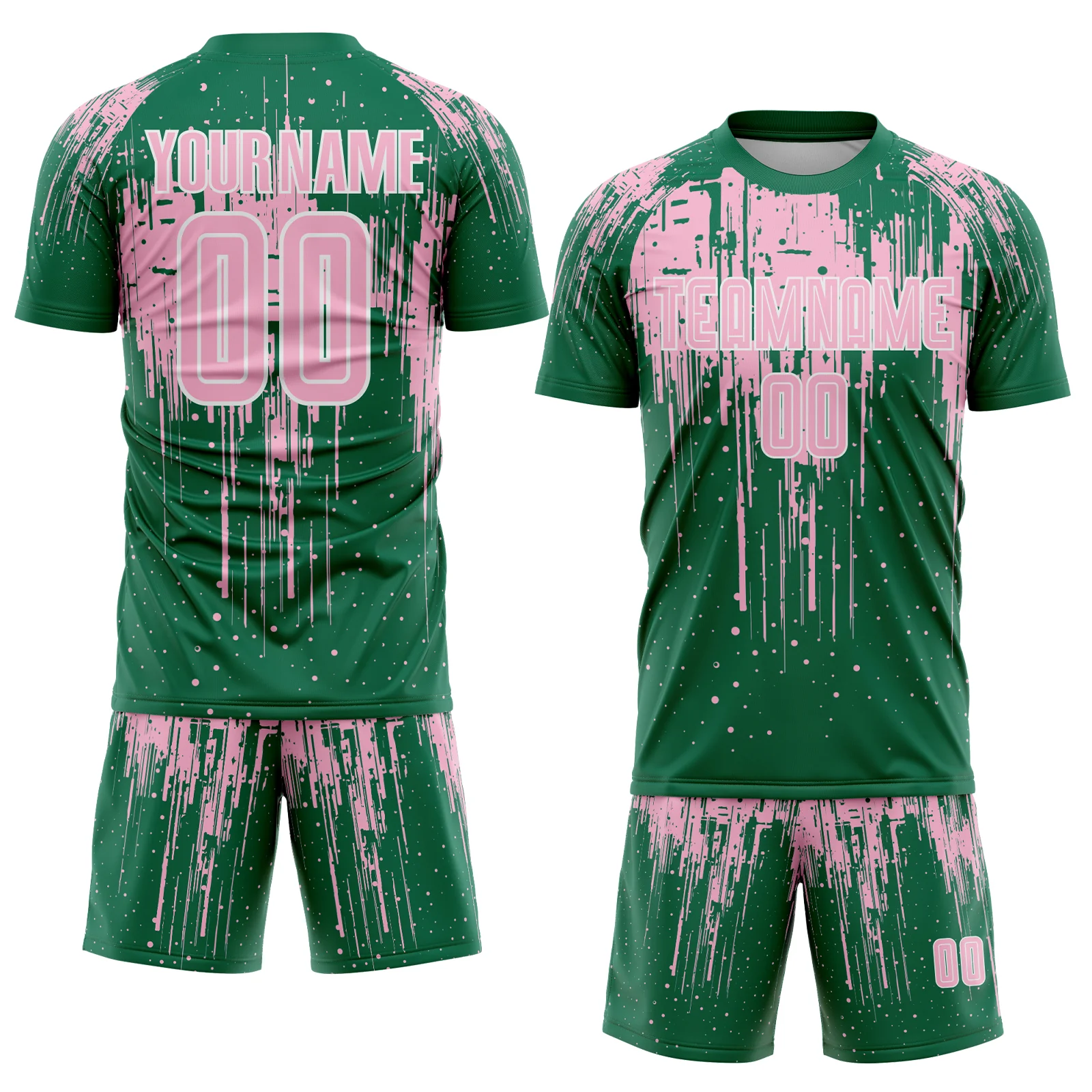 Custom Kelly Green Light Pink-White Dripping Splatte Pattern Sports Sublimation Soccer Uniform Jersey - Image 2