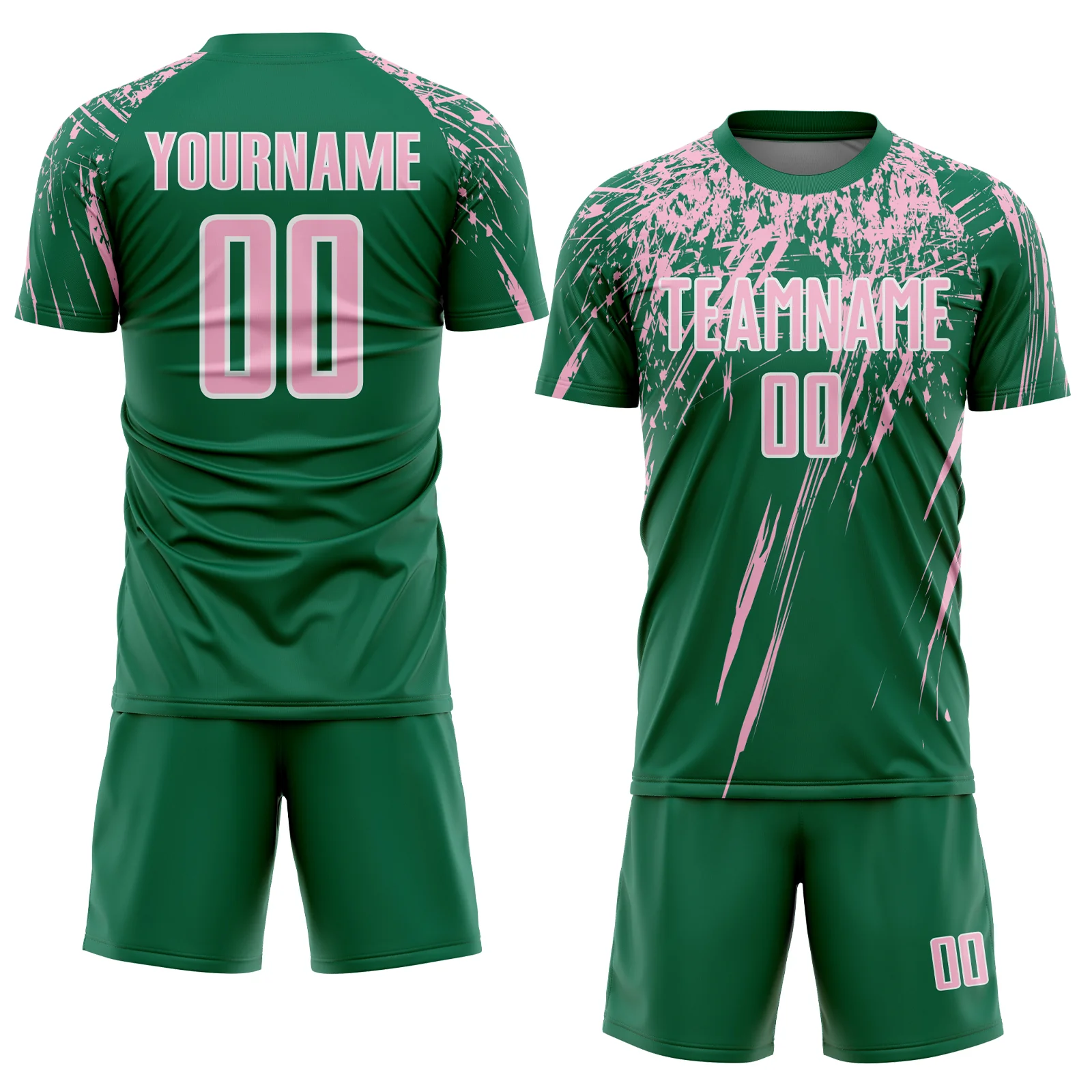 Custom Kelly Green Light Pink-White Splash Sports Sublimation Soccer Uniform Jersey - Image 2