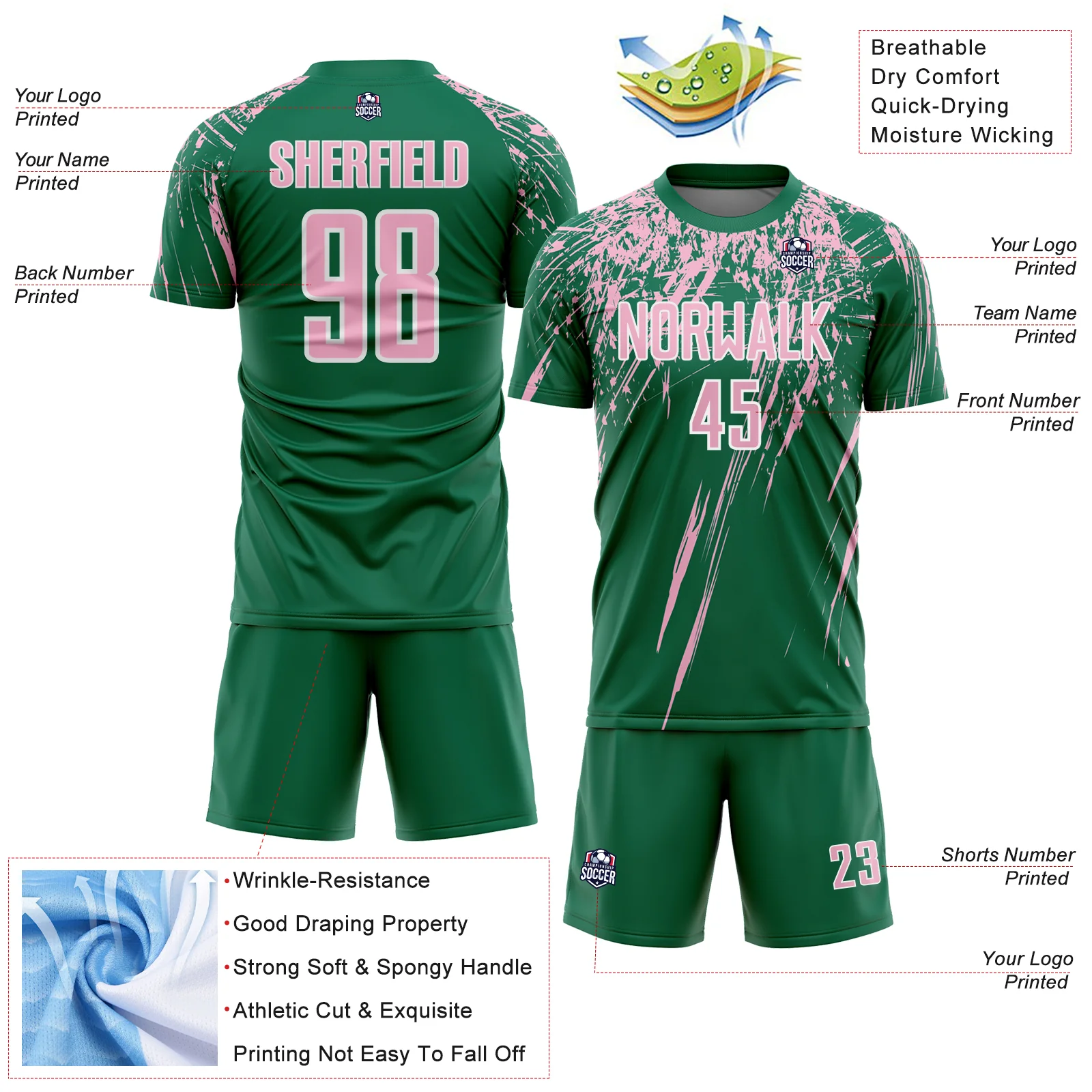 Custom Kelly Green Light Pink-White Splash Sports Sublimation Soccer Uniform Jersey - Image 4