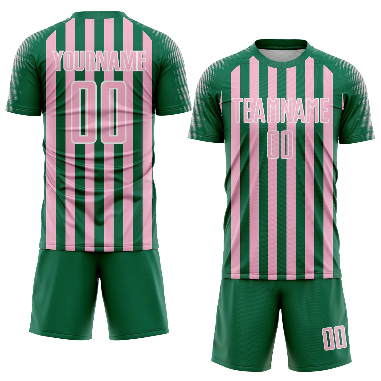 Custom Kelly Green Light Pink-White Stripe Sports Sublimation Soccer Uniform Jersey - Image 2