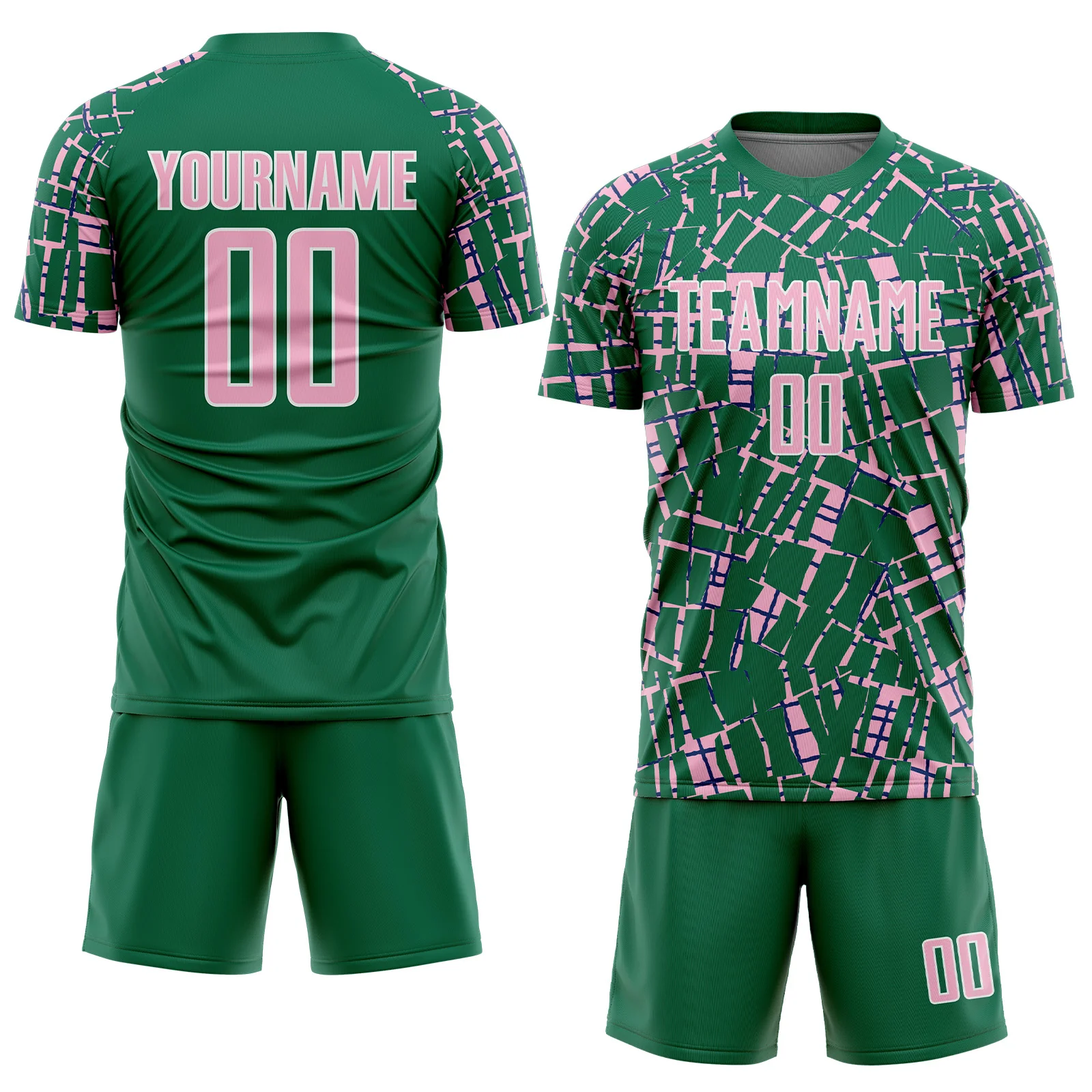 Custom Kelly Green Light Pink-White Abstract Line Sports Sublimation Soccer Uniform Jersey - Image 2